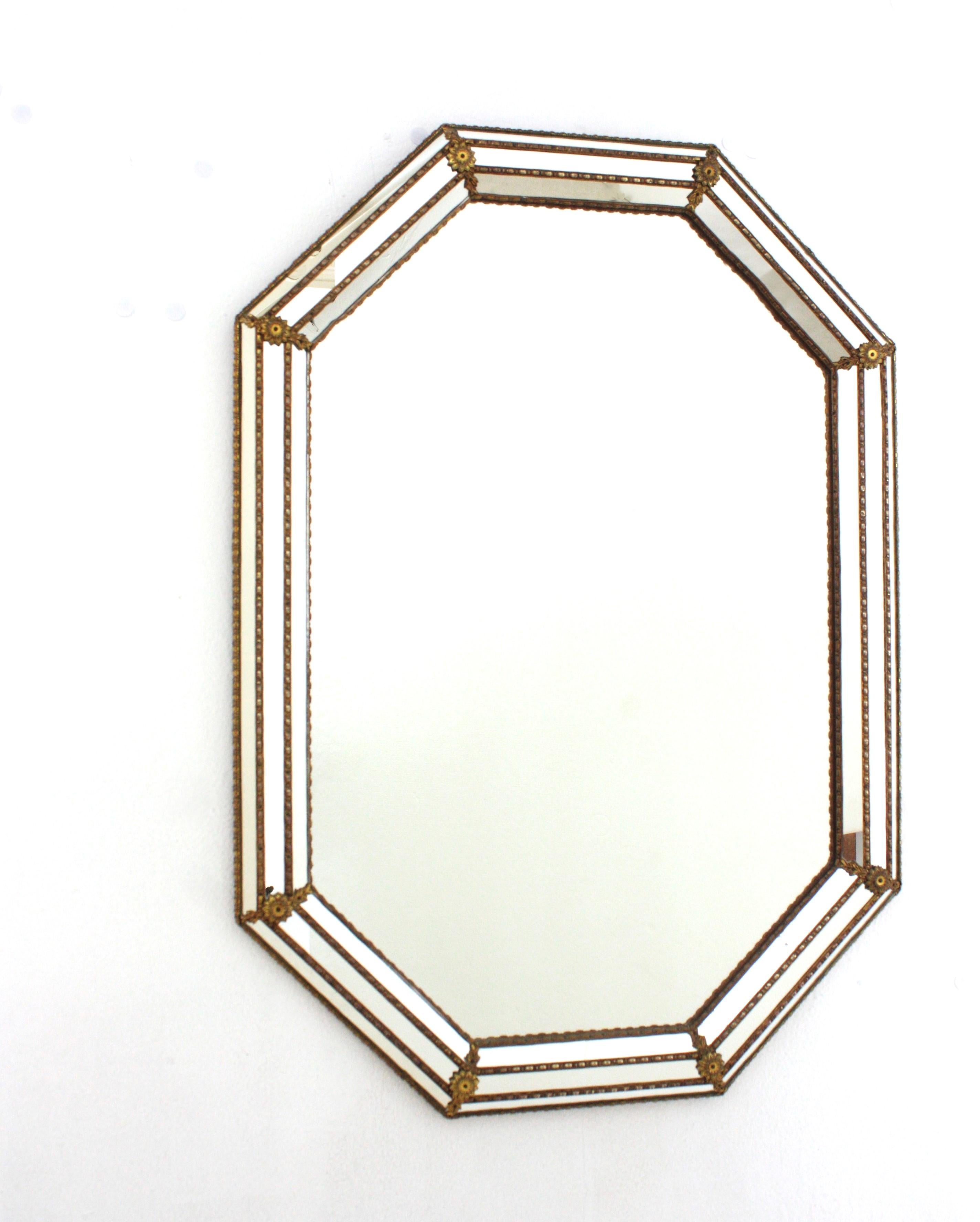 Mid-Century Modern Octagonal Venetian Style Mirror with Brass Details For Sale