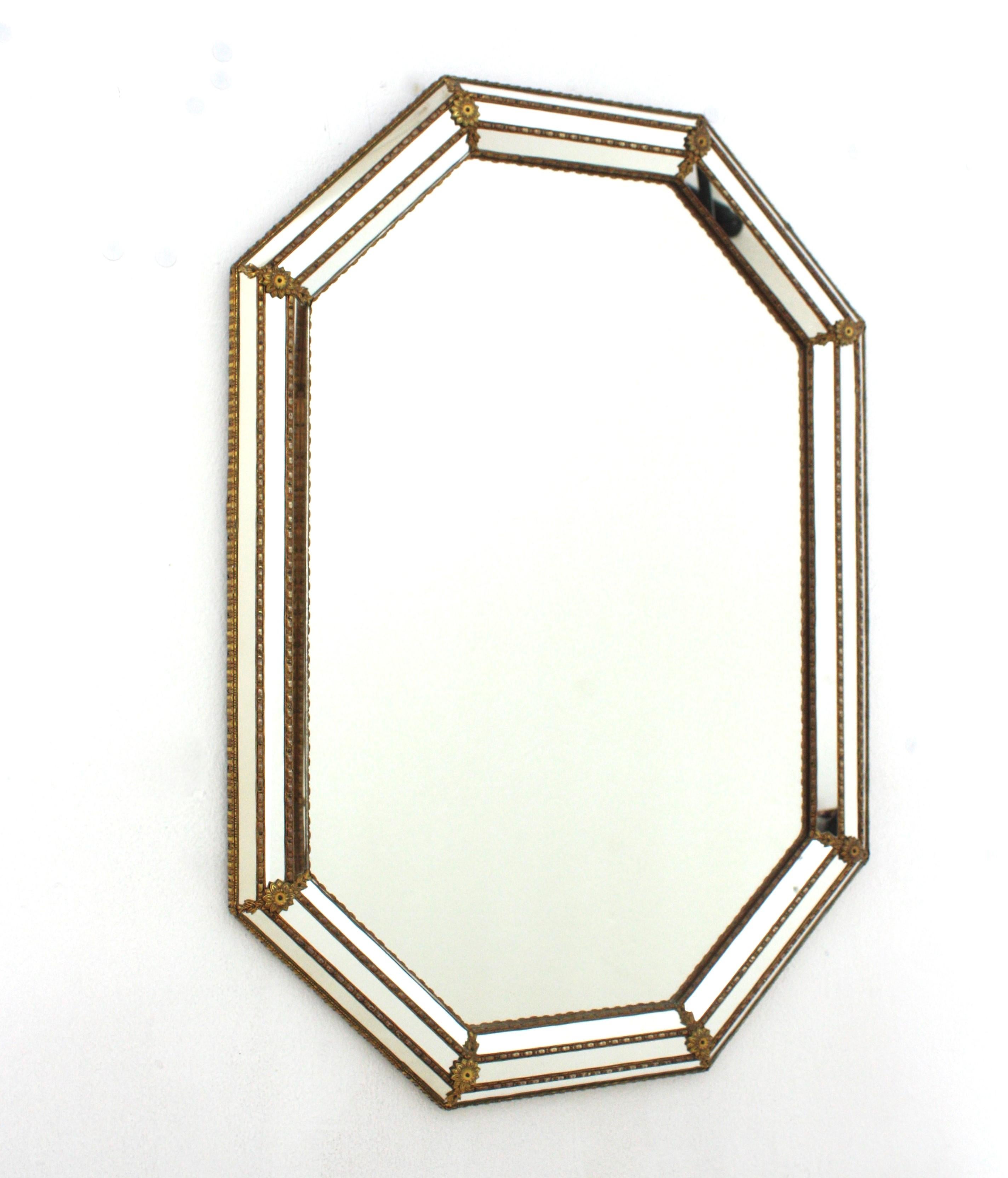 Spanish Octagonal Venetian Style Mirror with Brass Details For Sale