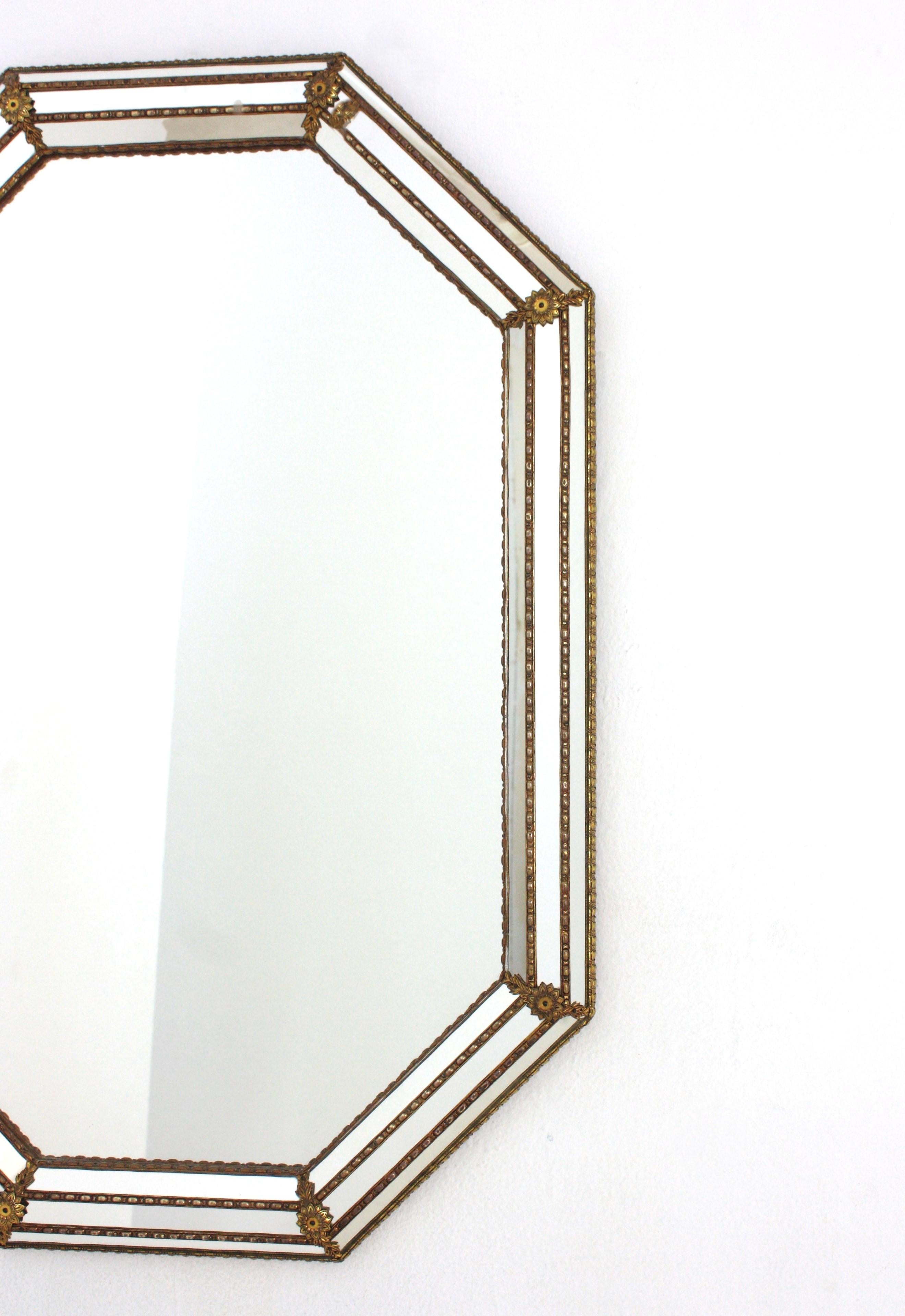 Octagonal Venetian Style Mirror with Brass Details For Sale 2