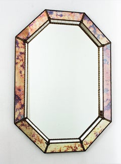 Octagonal Venetian Style Mirror with Iridiscent Glasses and Brass Details