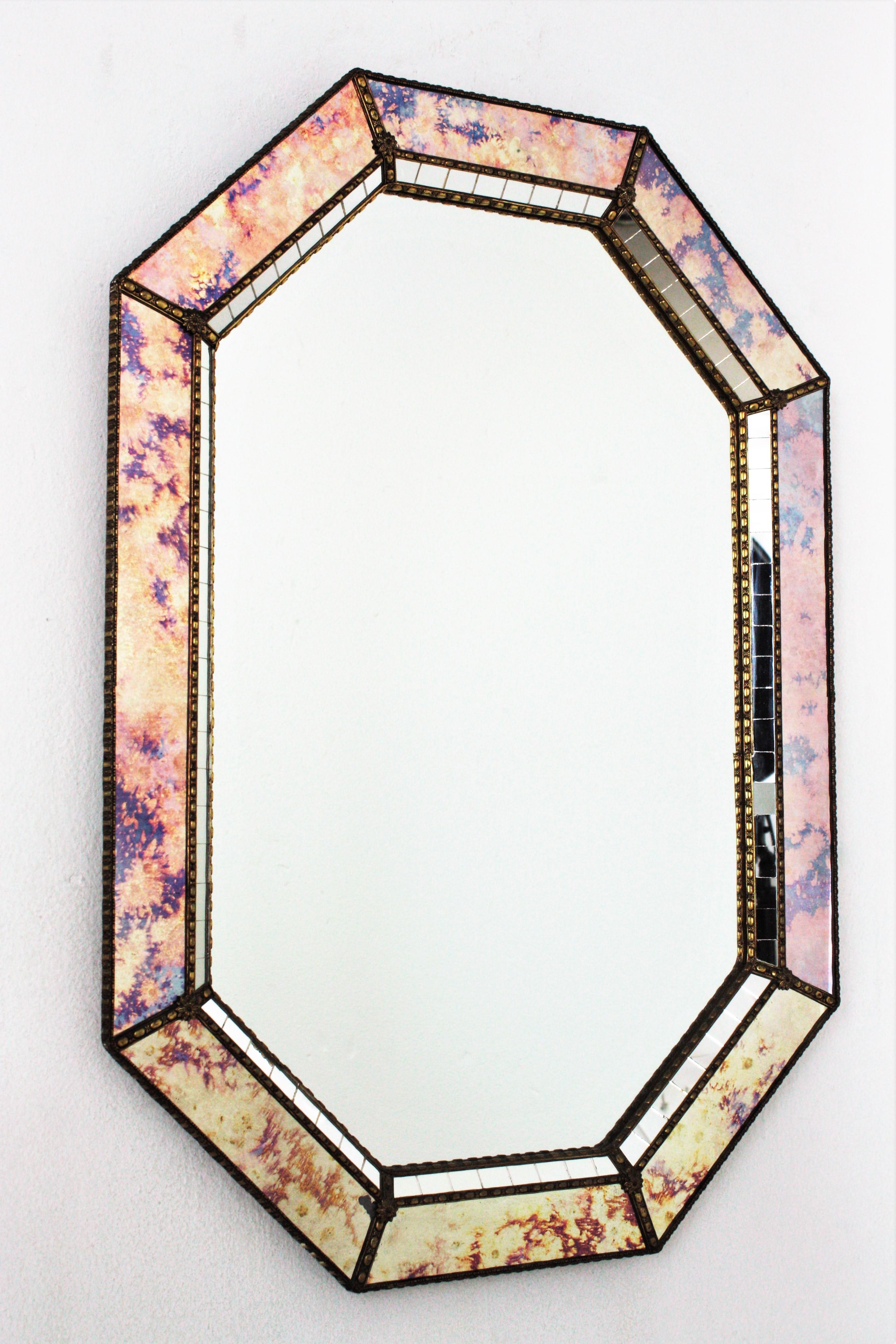 Hollywood Regency Octagonal Venetian Style Mirror with Iridiscent Glasses and Brass Details