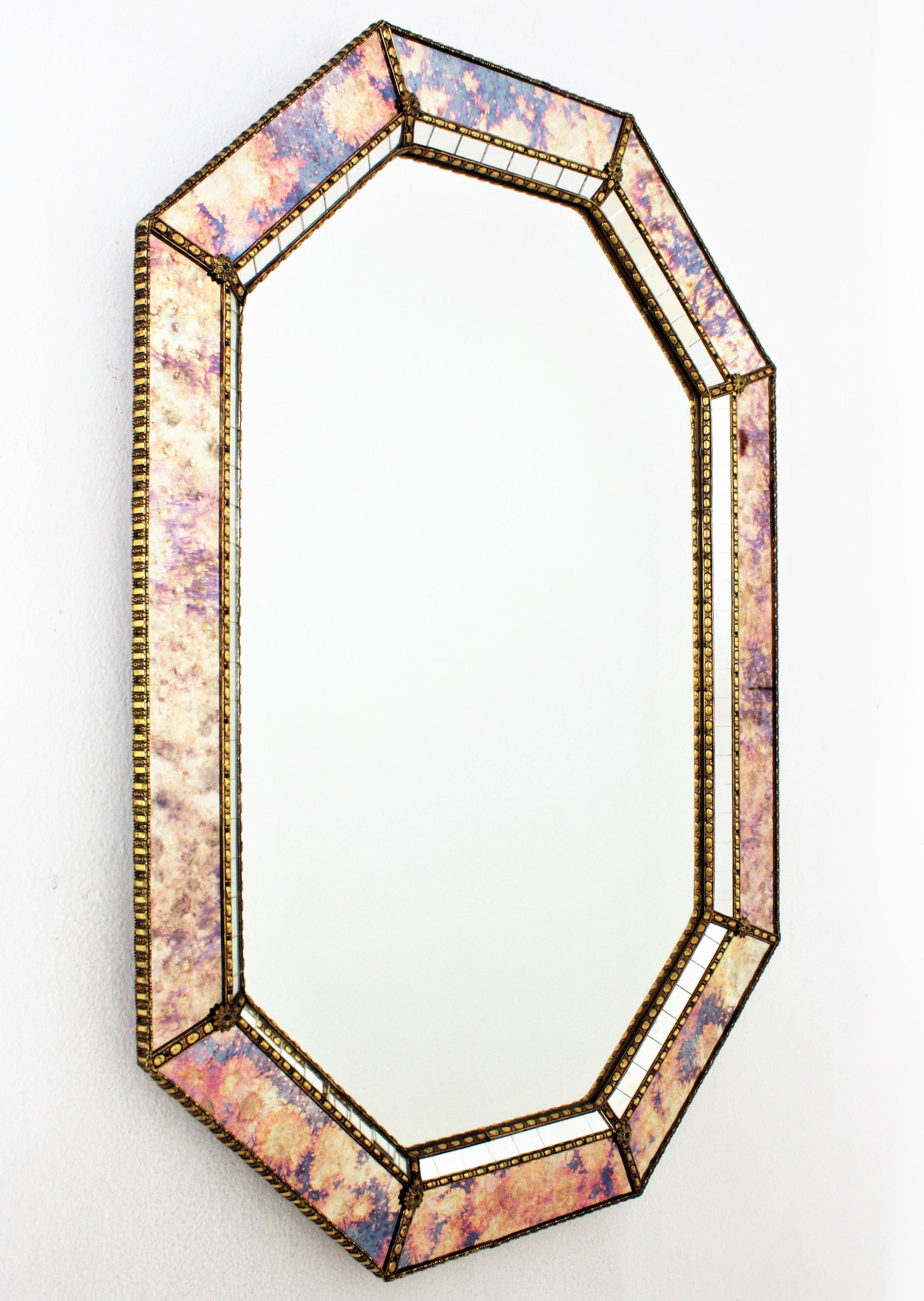 Hollywood Regency Octagonal Venetian Style Mirror with Iridiscent Pink Purple Glass & Brass Detail For Sale
