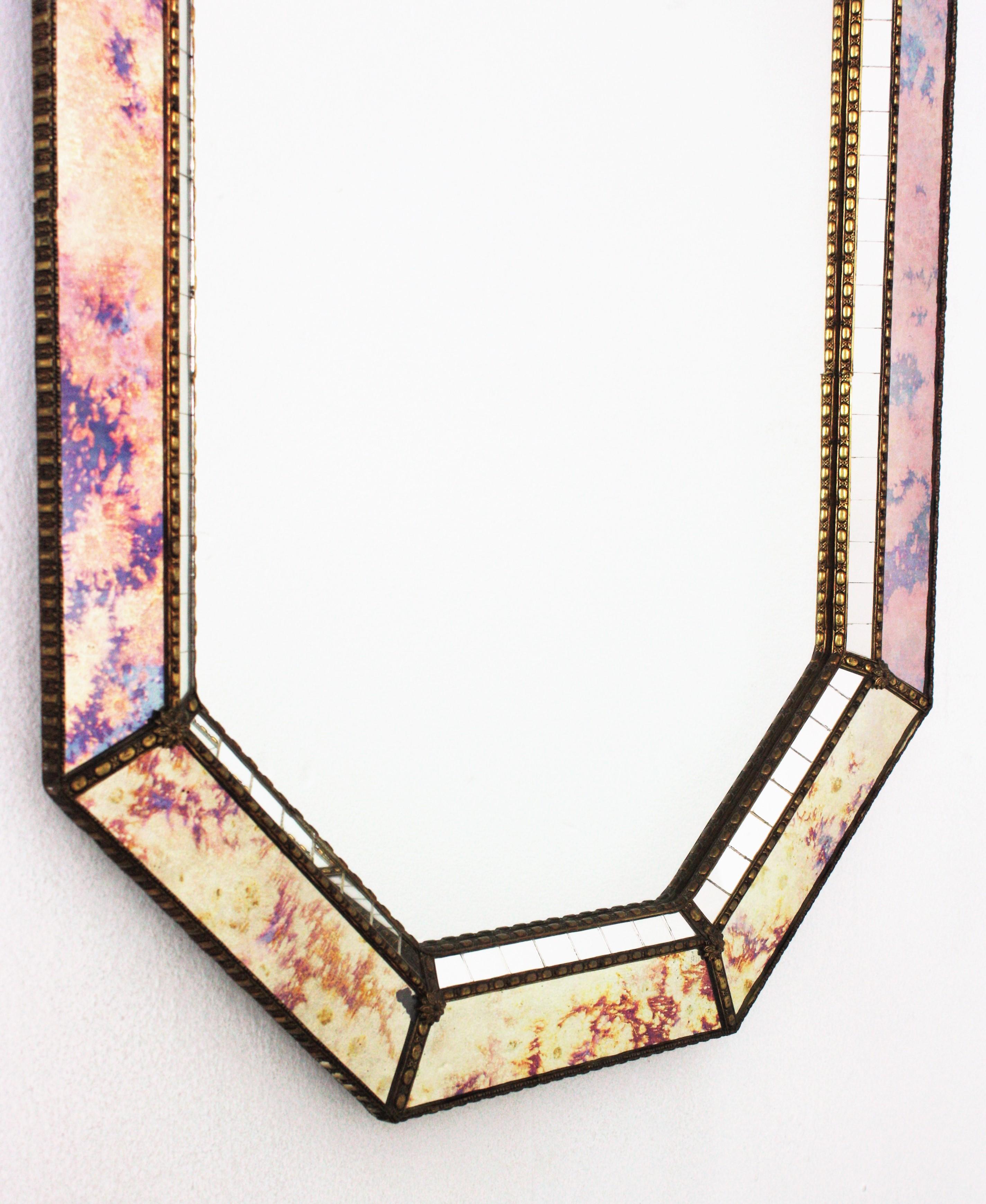 Hand-Crafted Octagonal Venetian Style Mirror with Iridiscent Glasses and Brass Details
