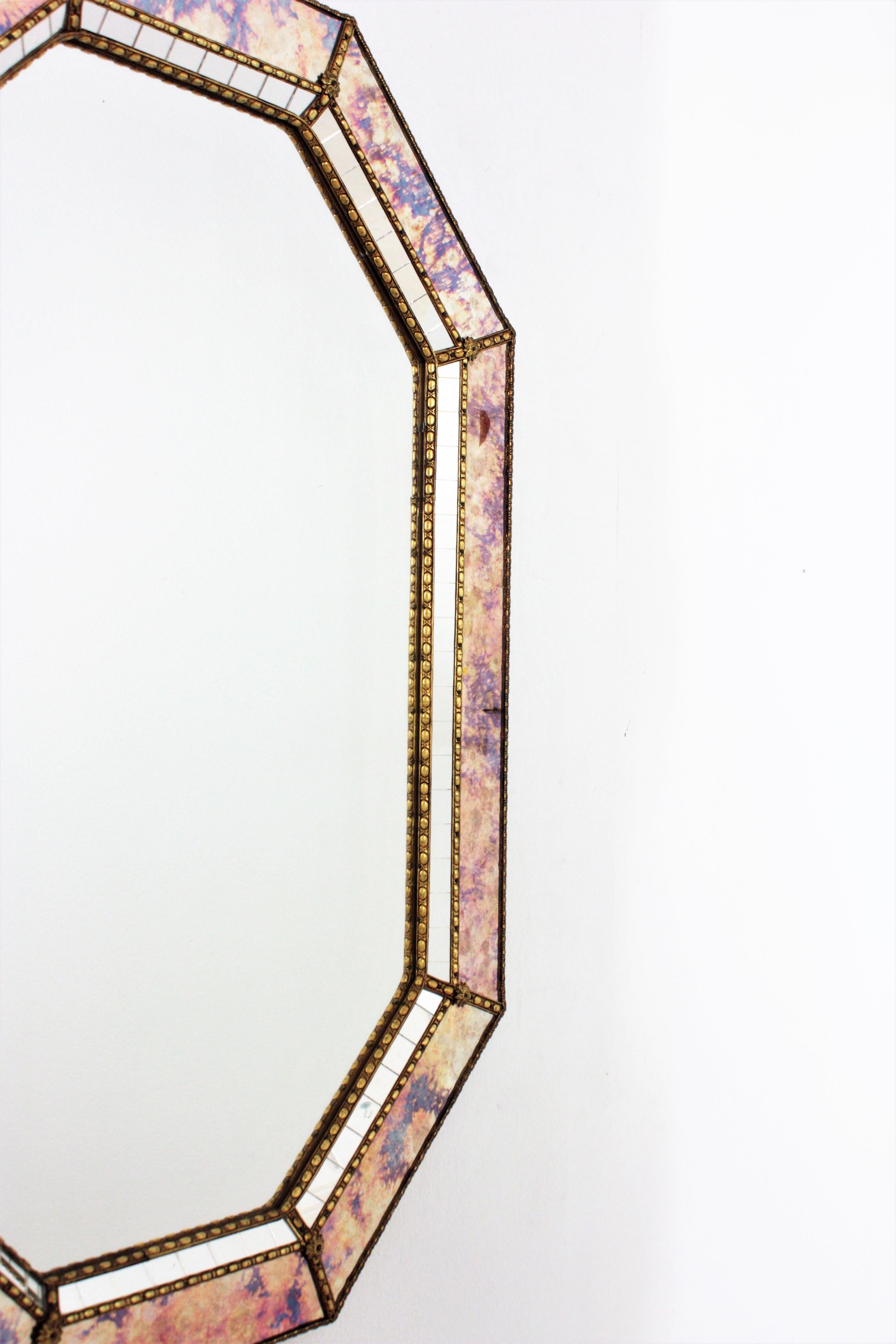 Hand-Crafted Octagonal Venetian Style Mirror with Iridiscent Pink Purple Glass & Brass Detail For Sale