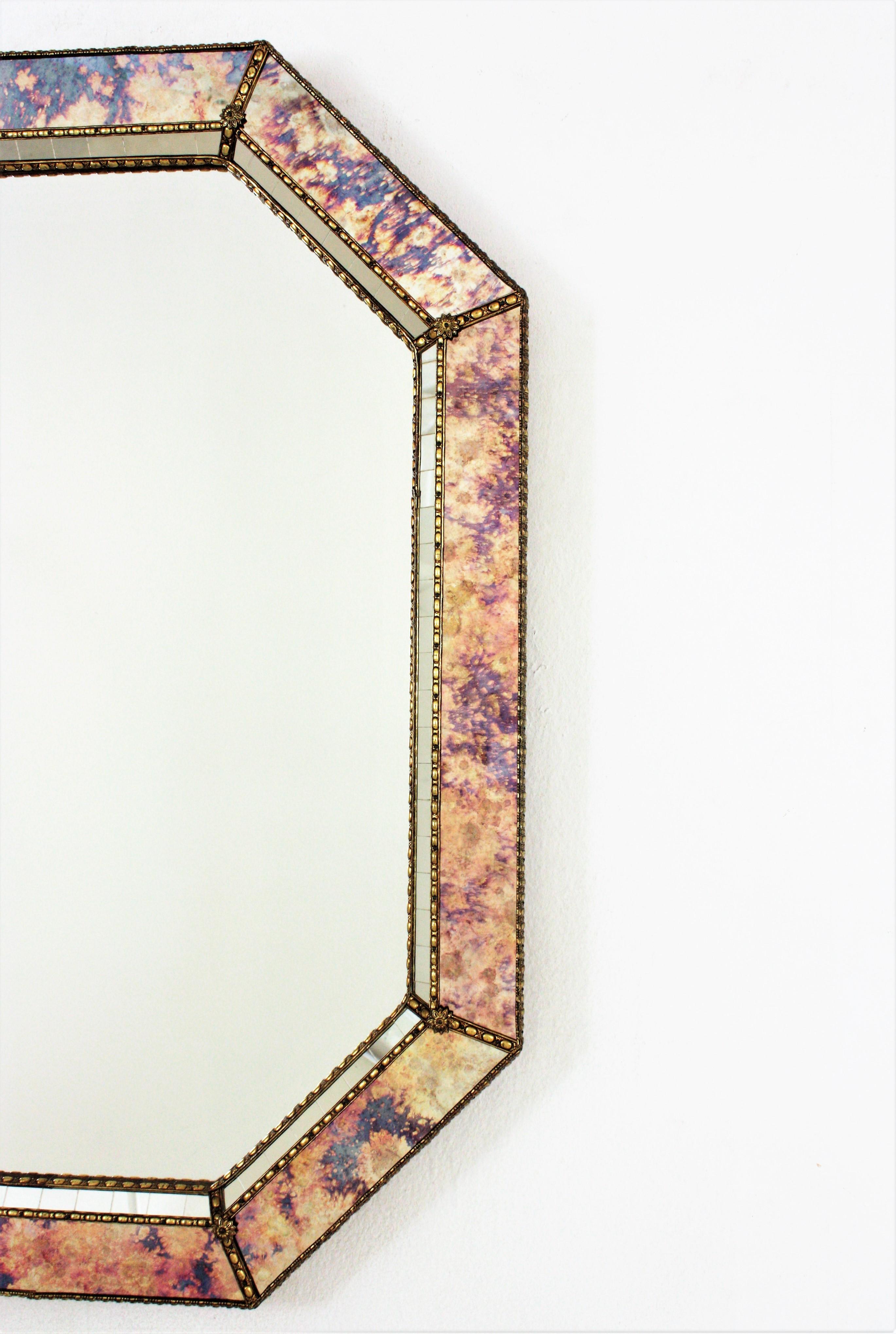 20th Century Octagonal Venetian Style Mirror with Iridiscent Pink Purple Glass & Brass Detail For Sale