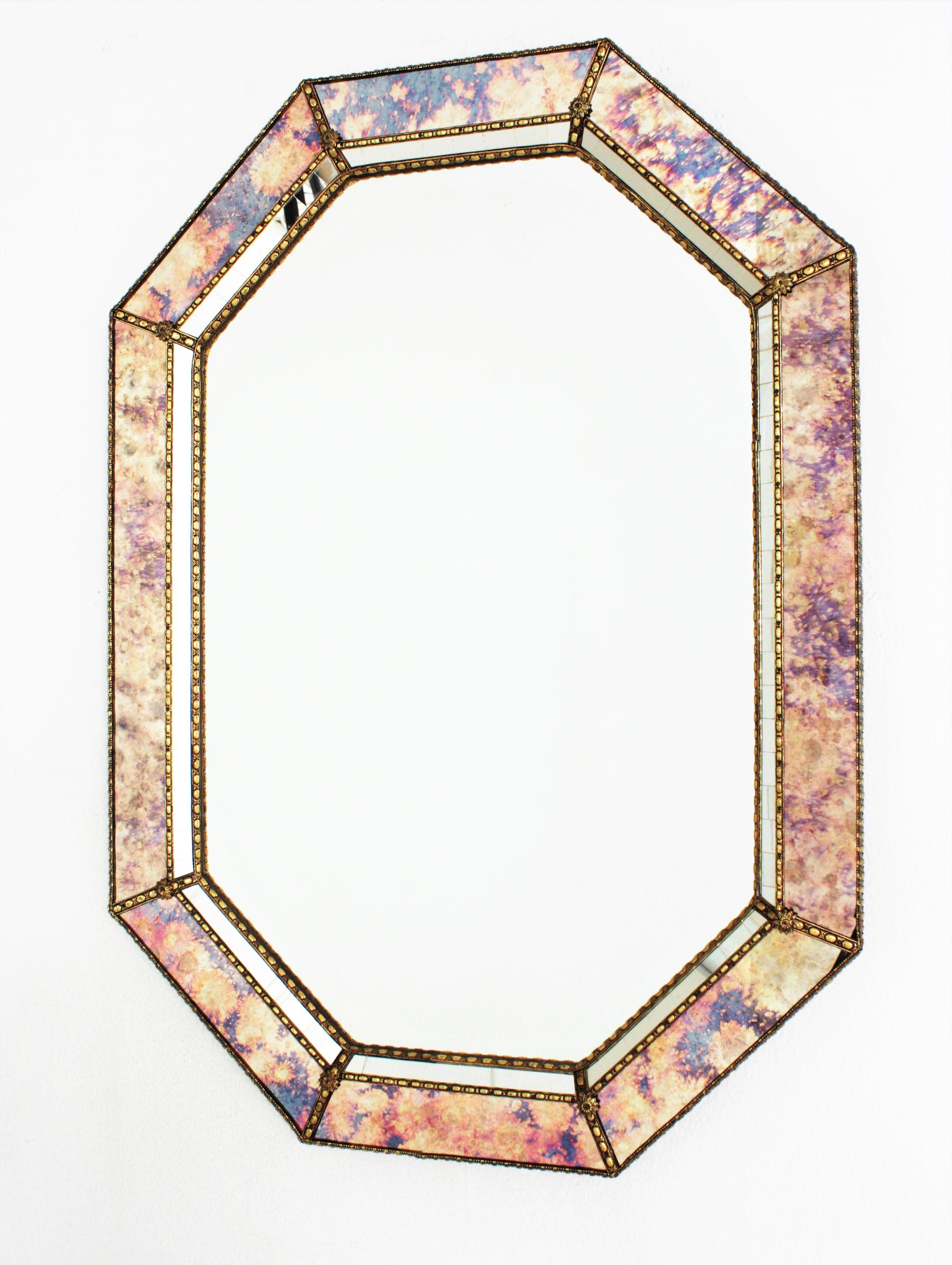 Metal Octagonal Venetian Style Mirror with Iridiscent Pink Purple Glass & Brass Detail For Sale