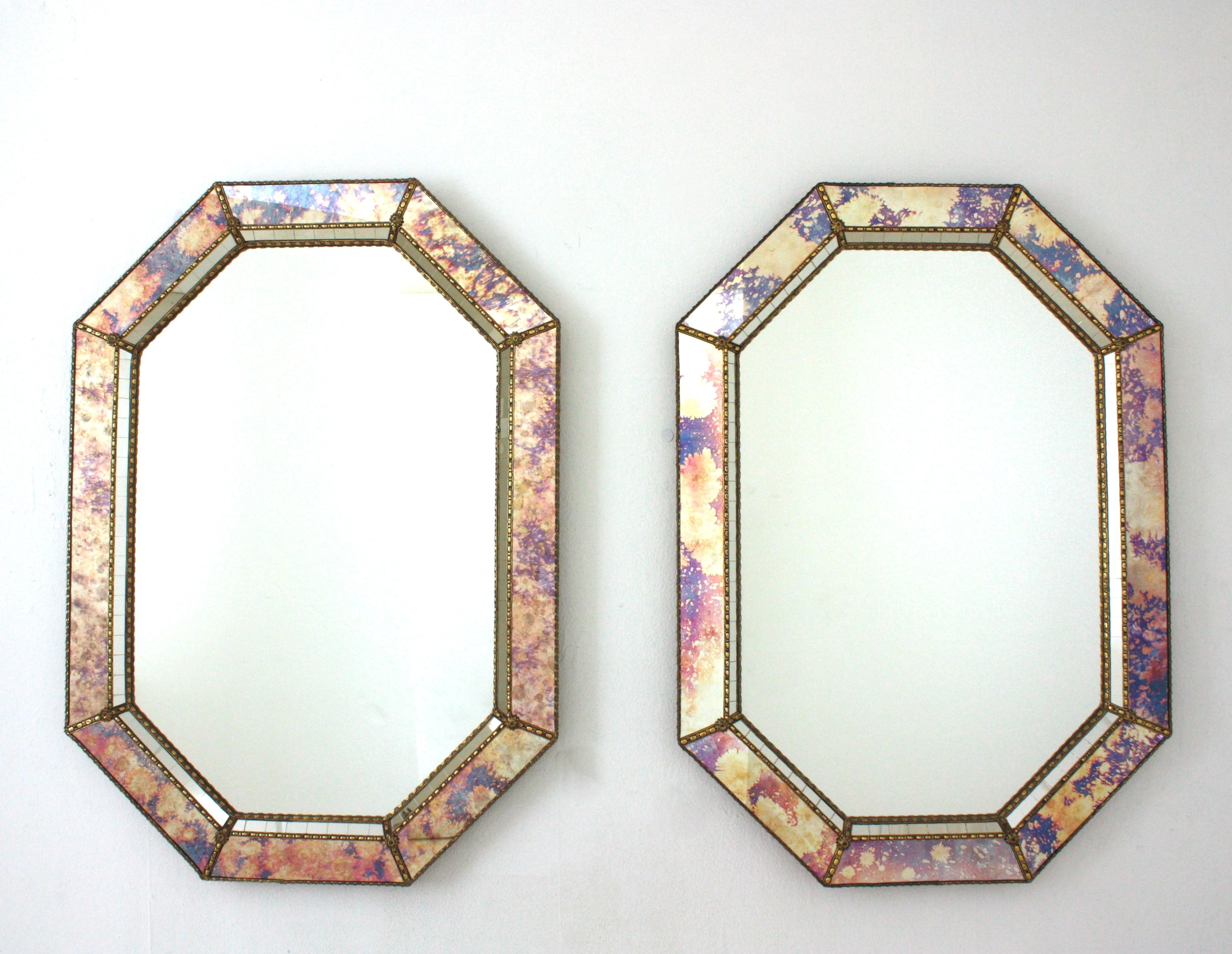 Octagonal Venetian Style Mirrors with Pink Purple Glass & Brass Details, Pair For Sale 2