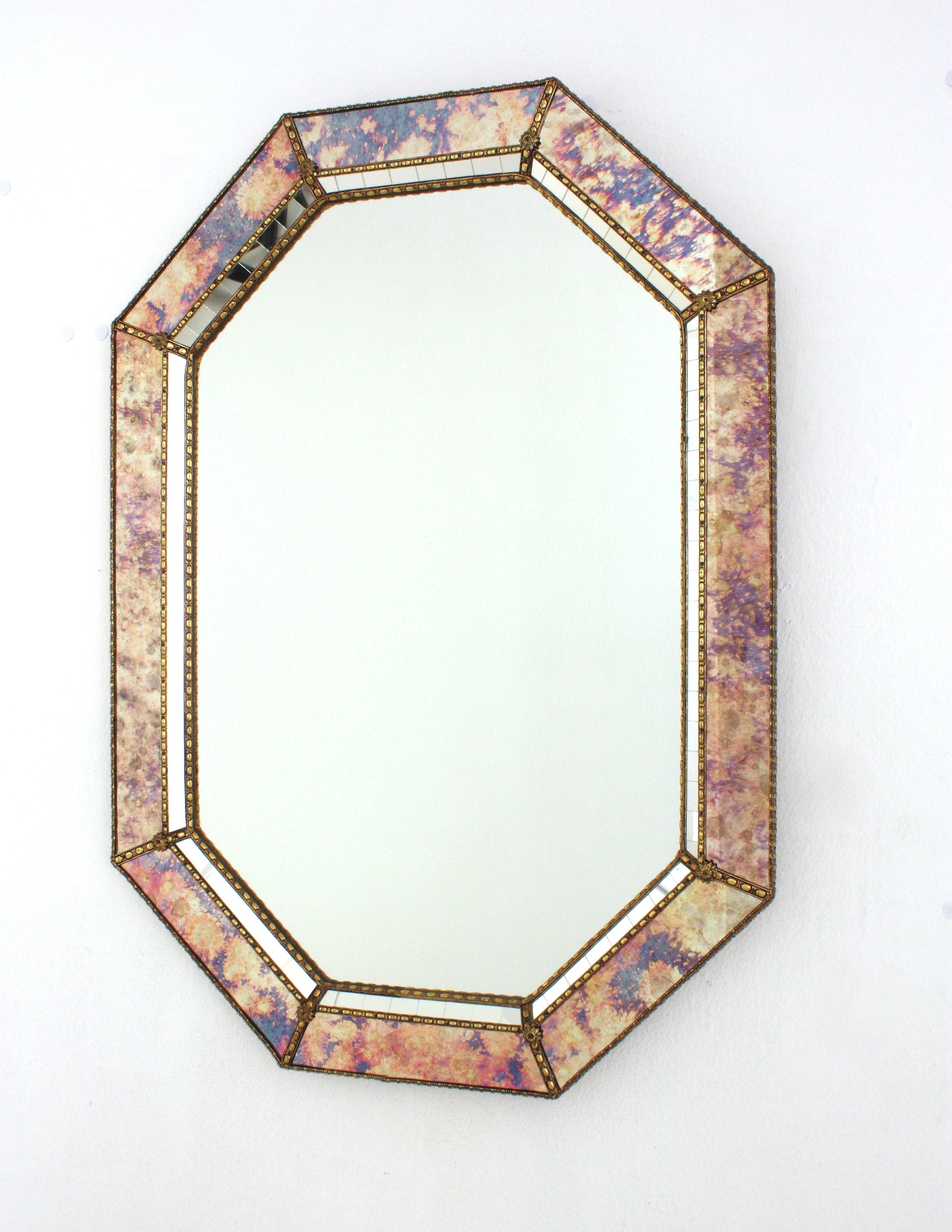 Octagonal Venetian Style Mirrors with Pink Purple Glass & Brass Details, Pair For Sale 3