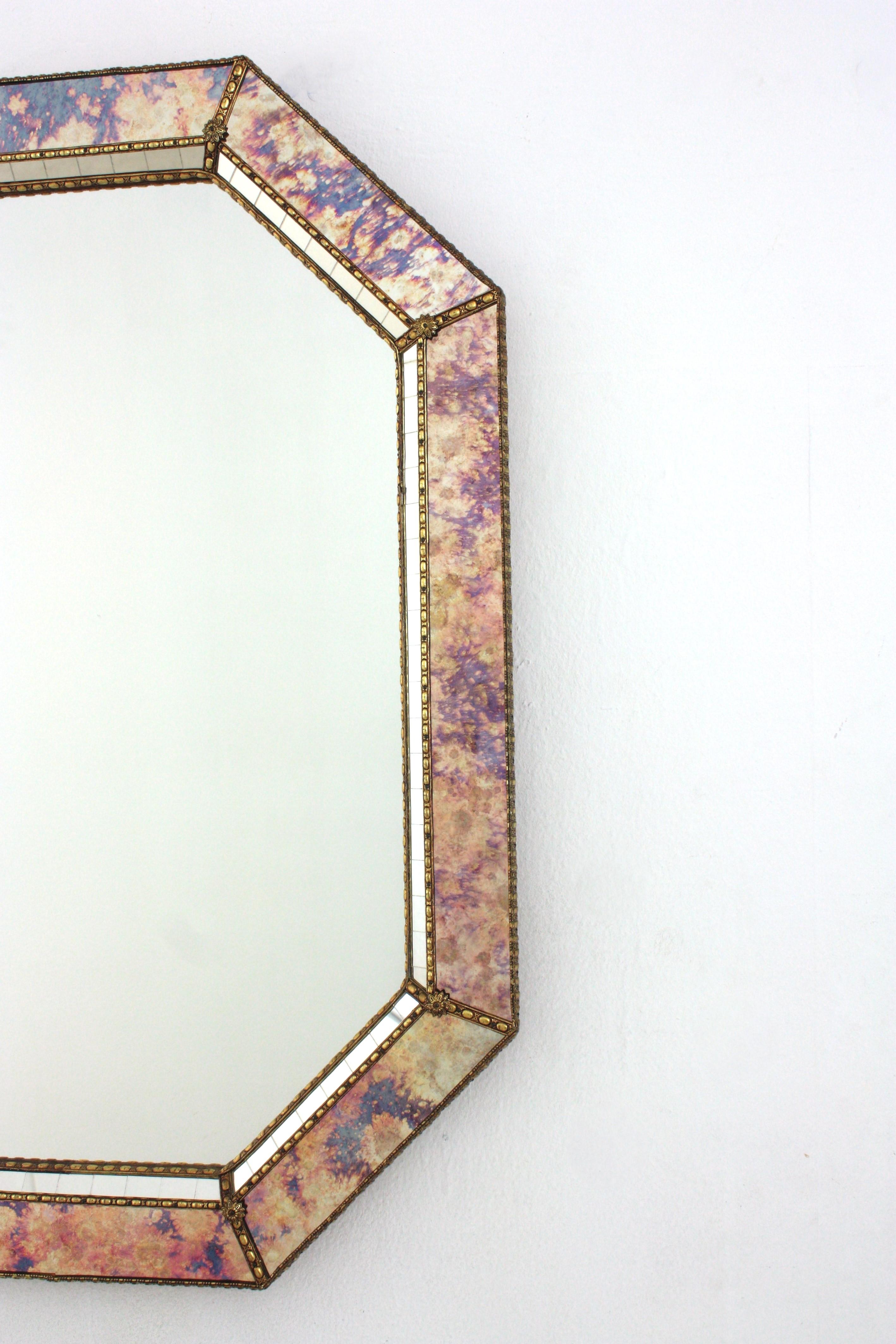 Octagonal Venetian Style Mirrors with Pink Purple Glass & Brass Details, Pair For Sale 5