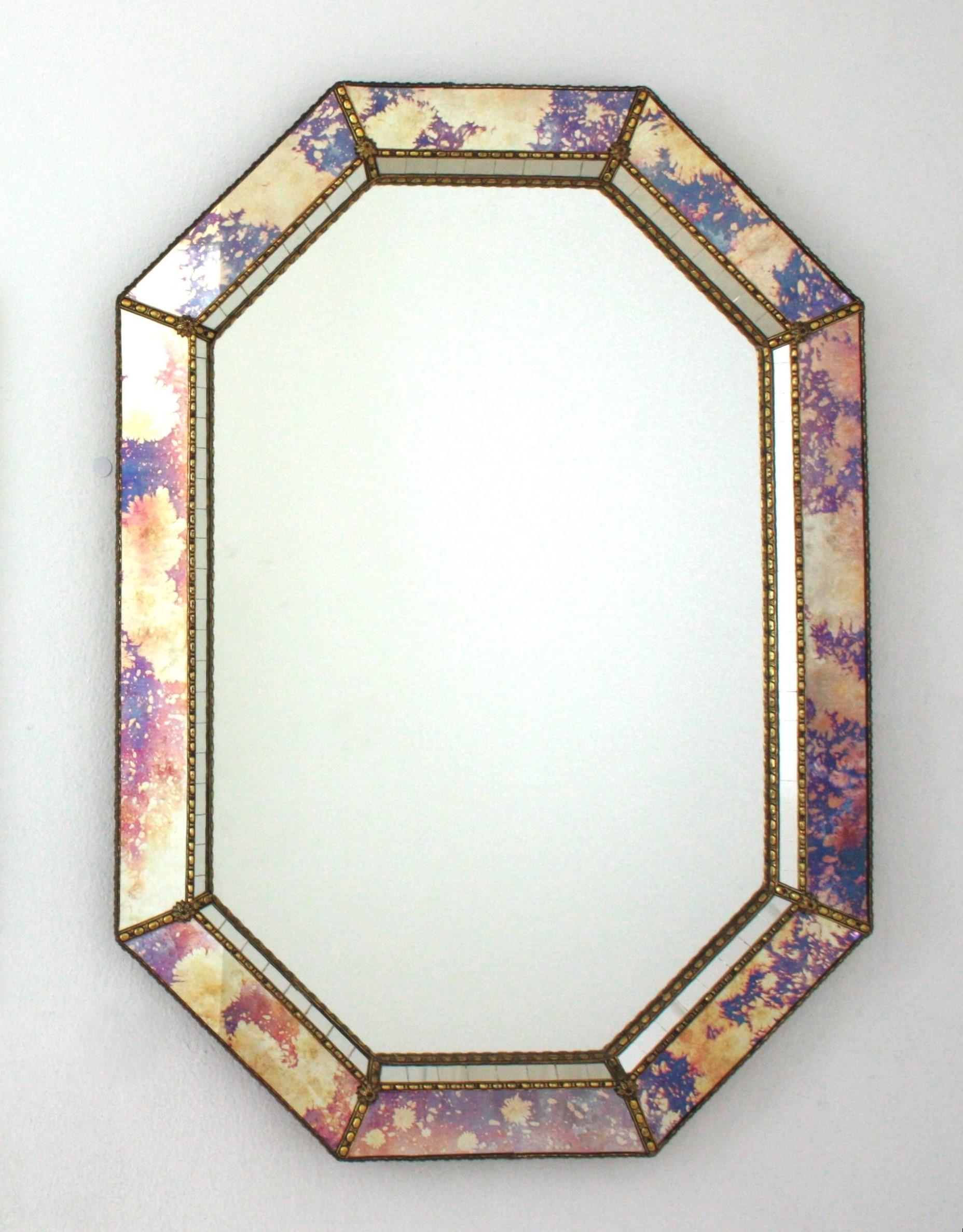 Hollywood Regency Octagonal Venetian Style Mirrors with Pink Purple Glass & Brass Details, Pair For Sale