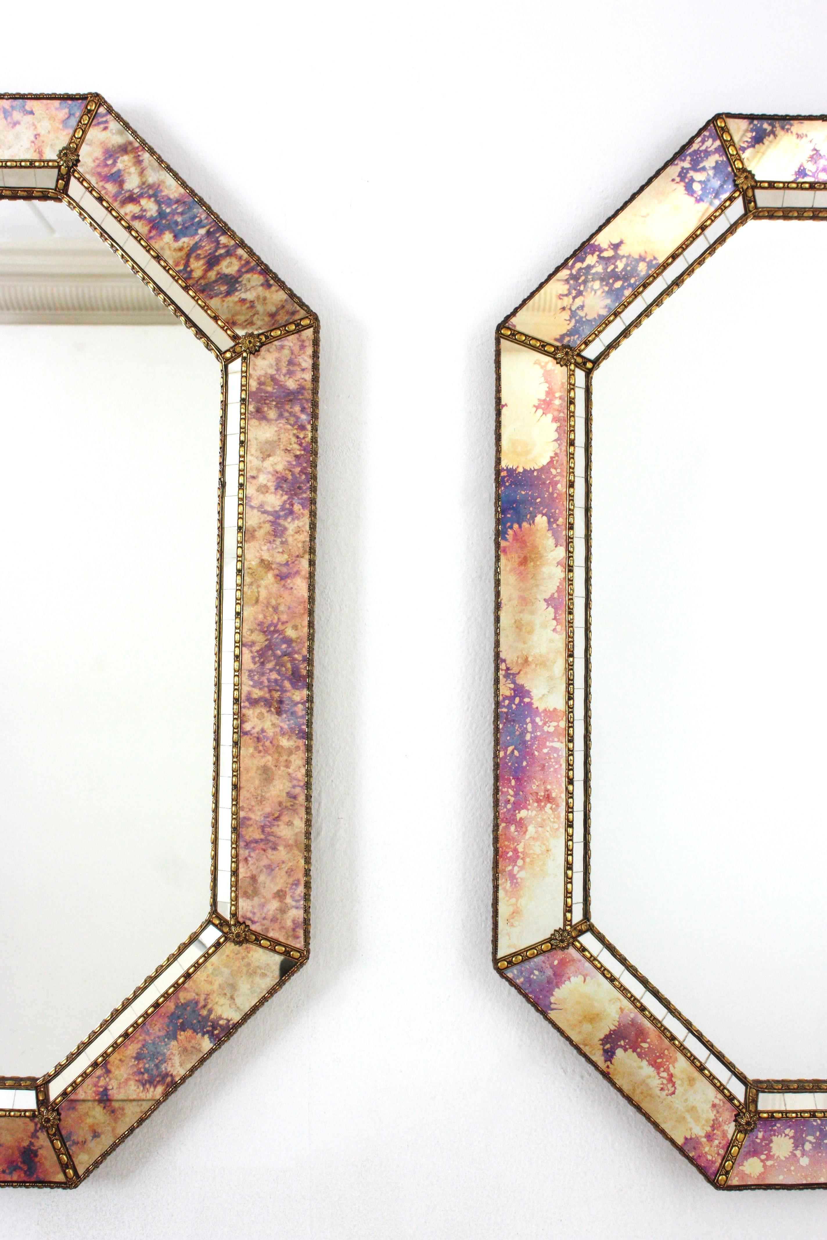 Spanish Octagonal Venetian Style Mirrors with Pink Purple Glass & Brass Details, Pair For Sale