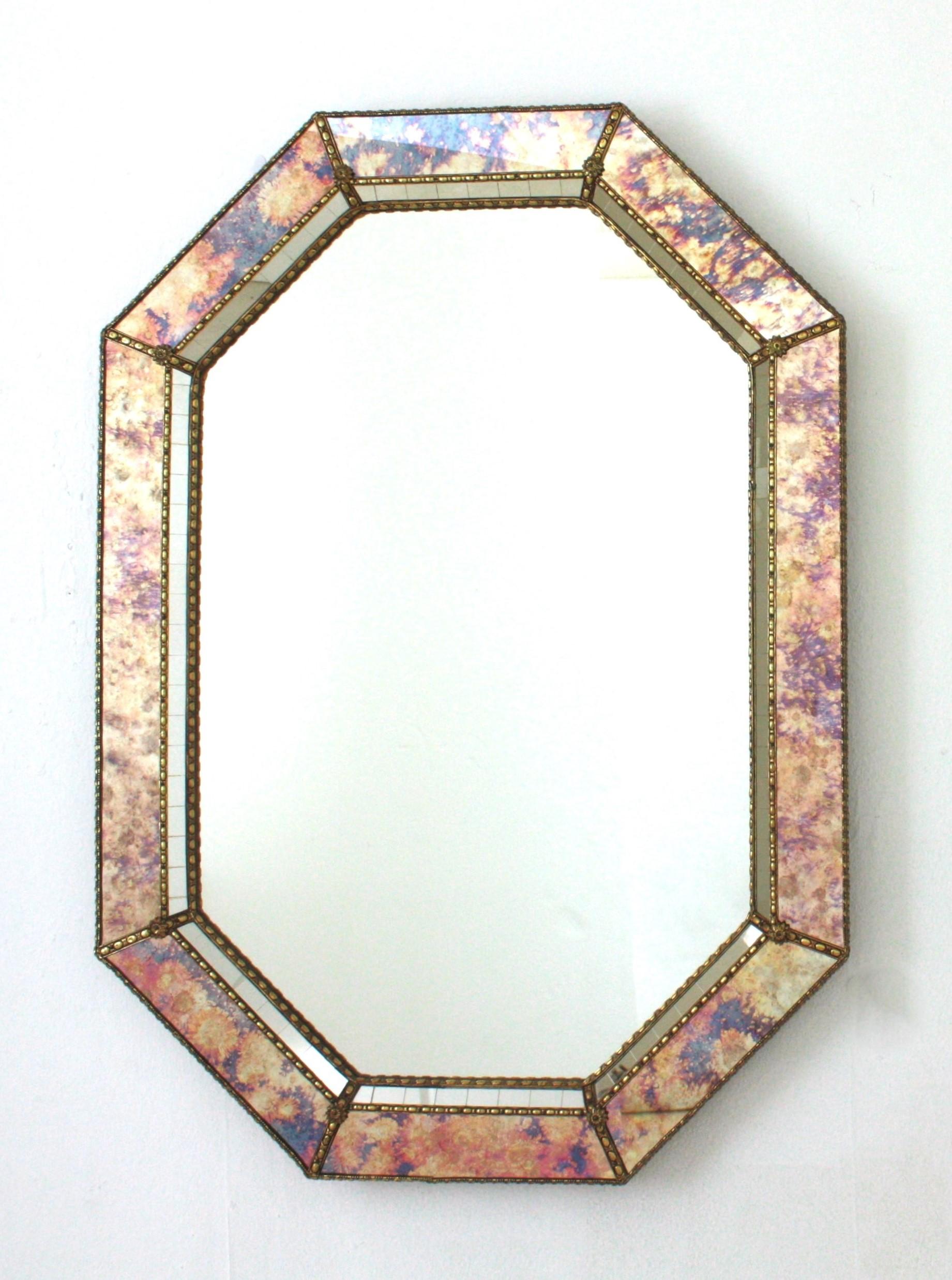 Hand-Crafted Octagonal Venetian Style Mirrors with Pink Purple Glass & Brass Details, Pair For Sale