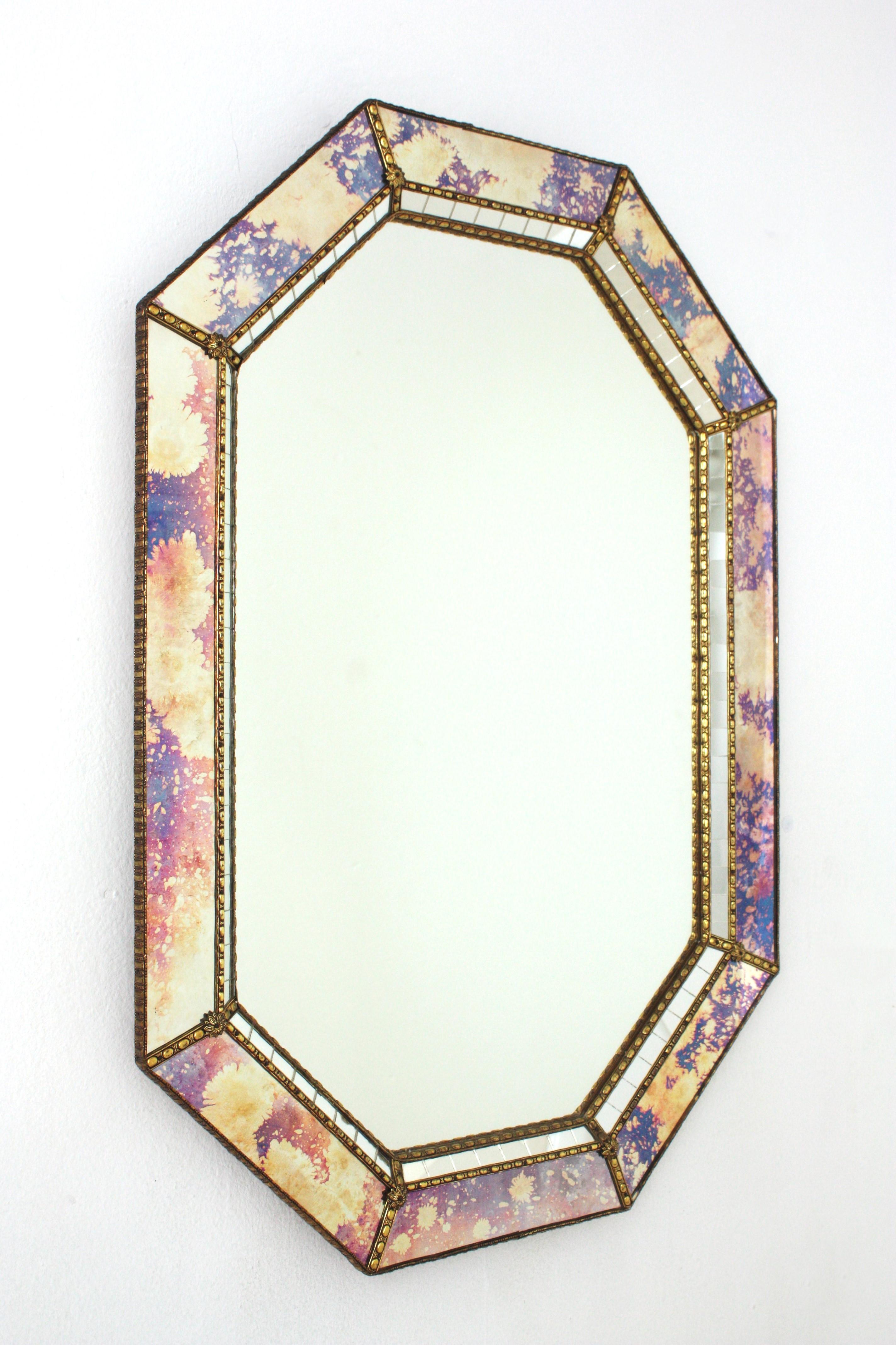 Octagonal Venetian Style Mirrors with Pink Purple Glass & Brass Details, Pair In Good Condition For Sale In Barcelona, ES