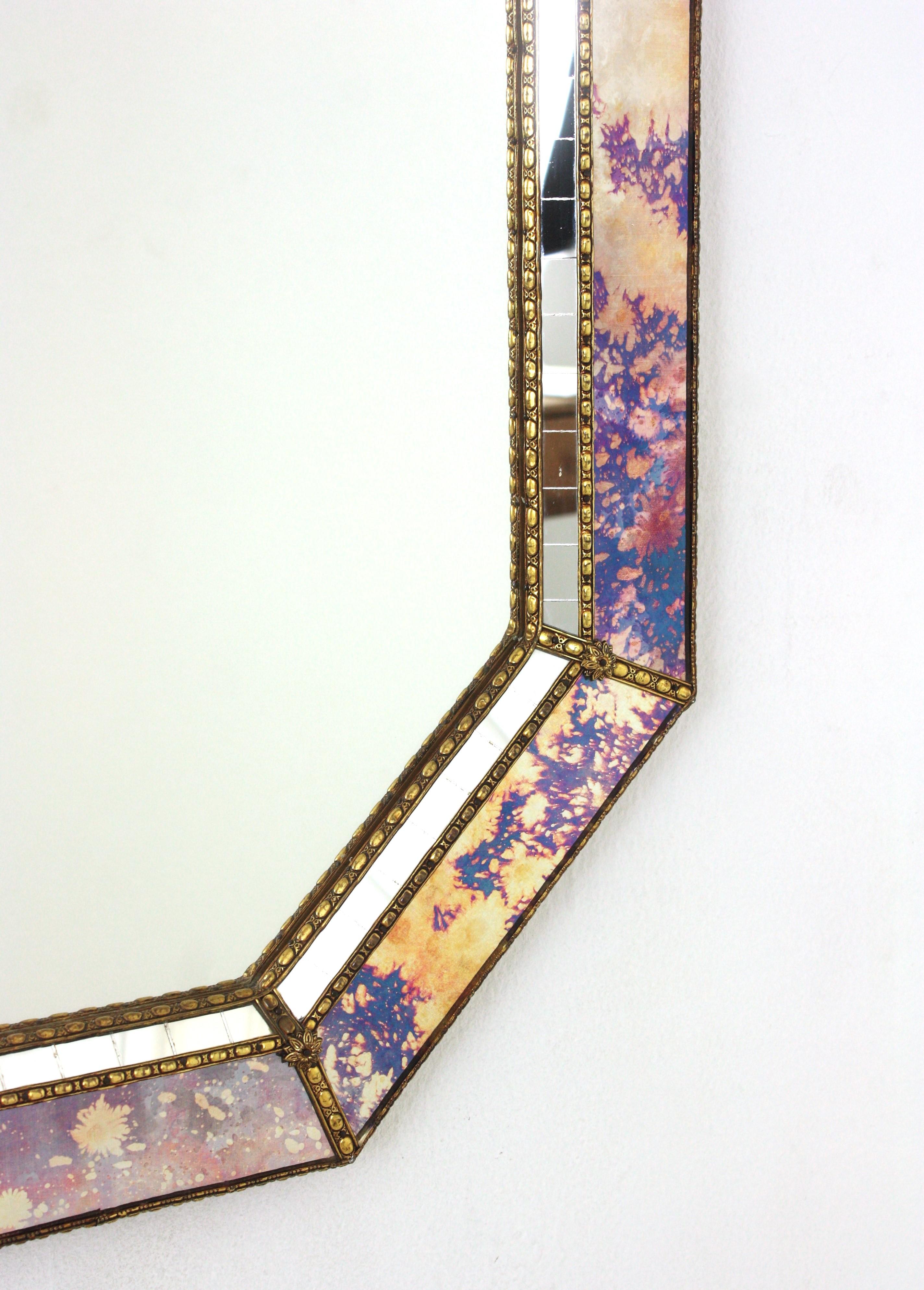 Metal Octagonal Venetian Style Mirrors with Pink Purple Glass & Brass Details, Pair For Sale