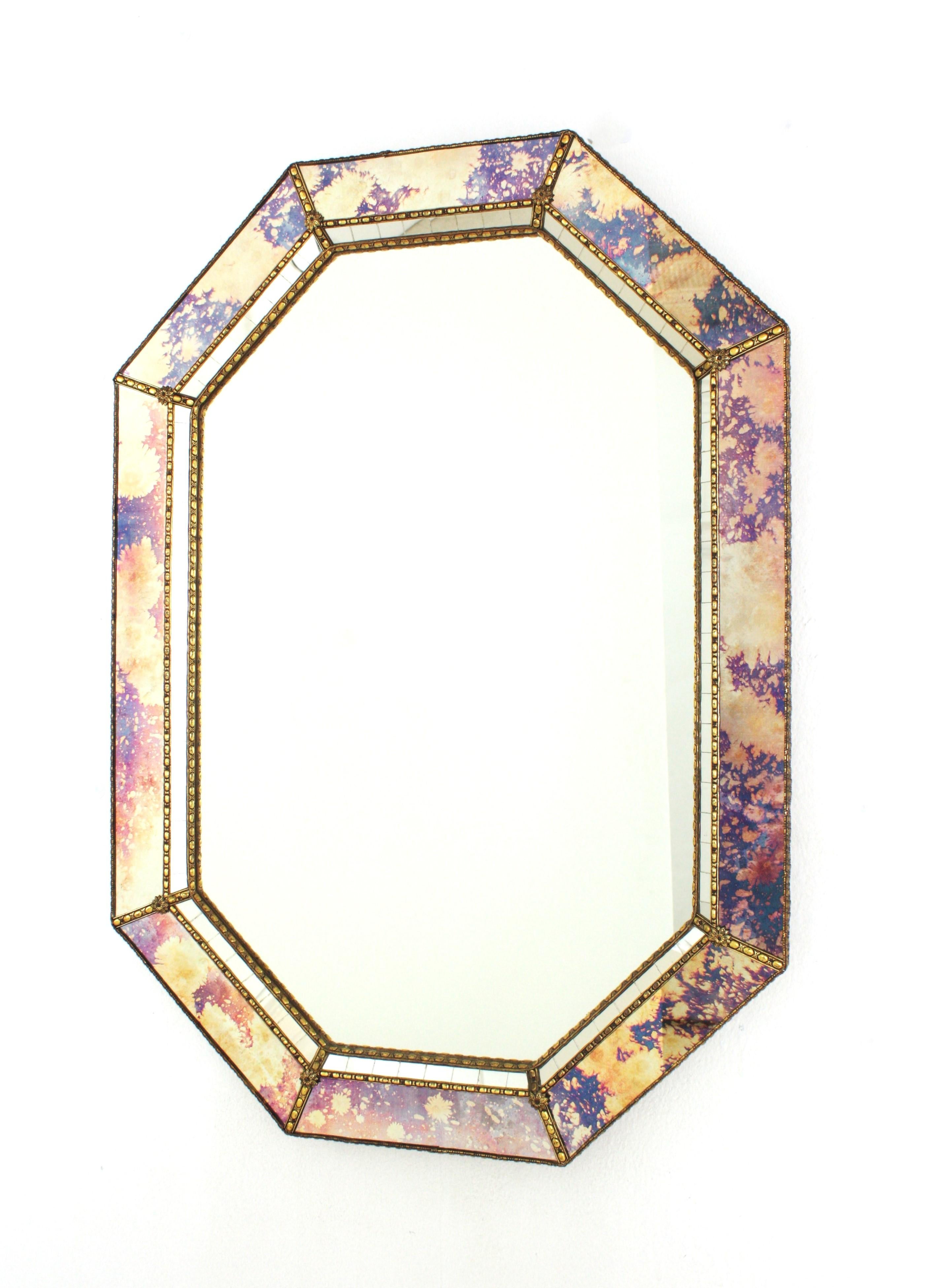 Octagonal Venetian Style Mirrors with Pink Purple Glass & Brass Details, Pair For Sale 1