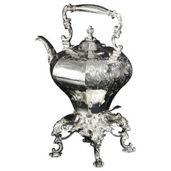 Bollitore ottagonale d'argento vittoriano e supporto, 1844