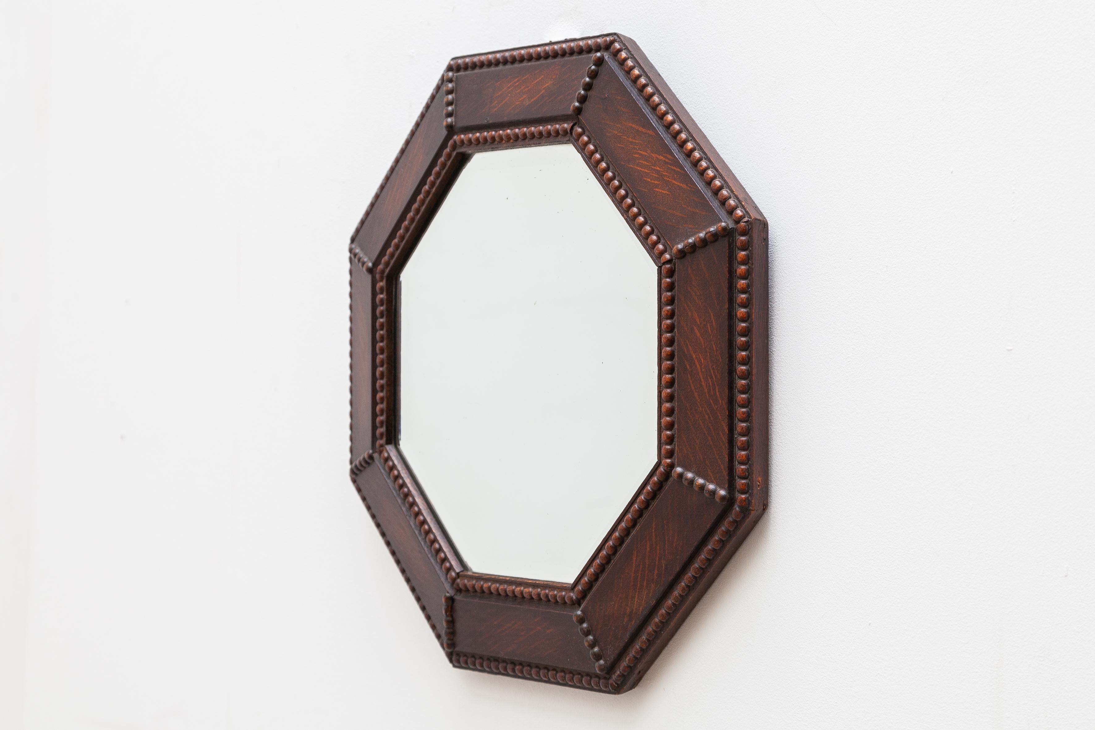 Hand-Crafted Octagonal Wall Hanging Beveled Mirror in Oak Framed Art Deco For Sale