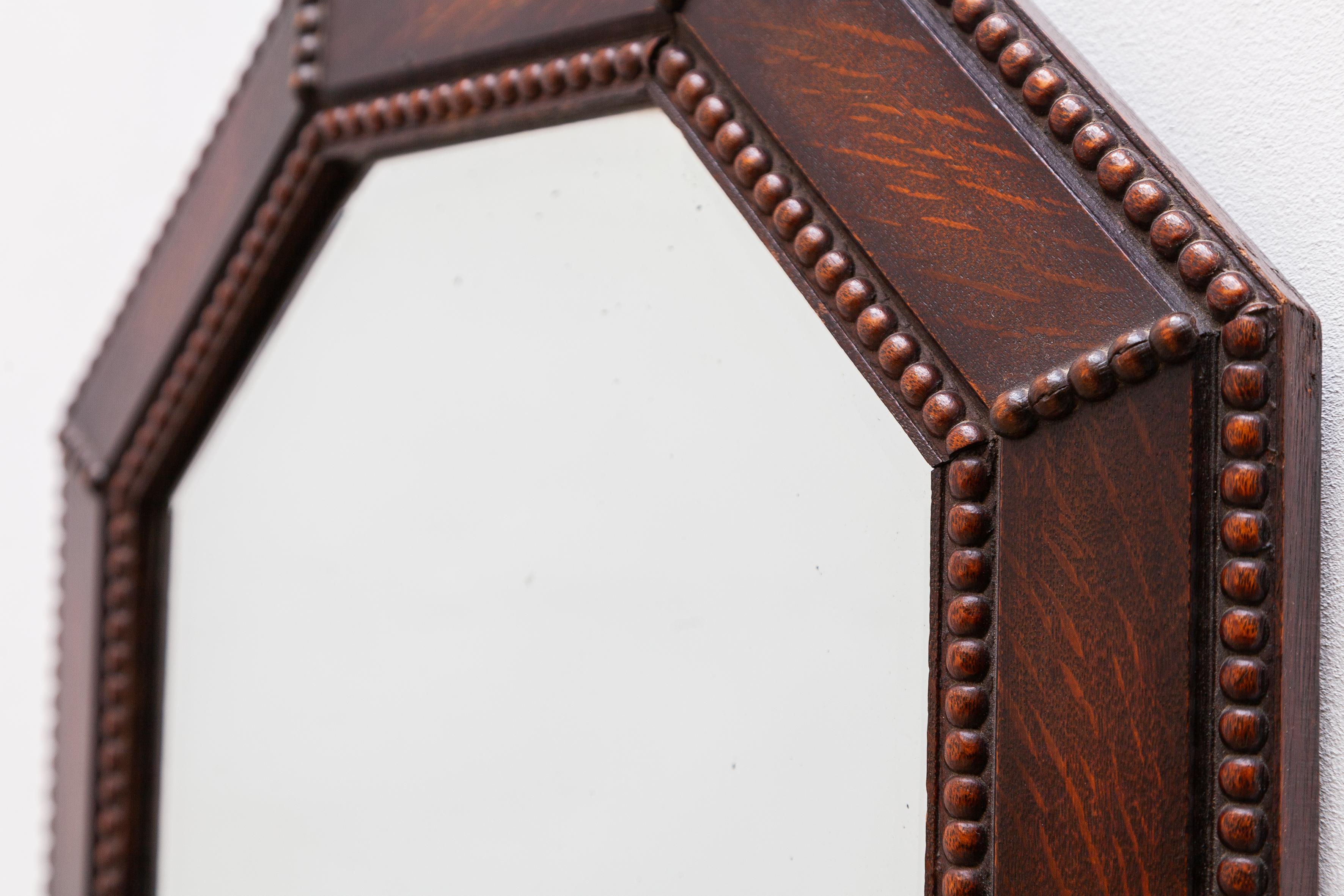 Mid-20th Century Octagonal Wall Hanging Beveled Mirror in Oak Framed Art Deco For Sale