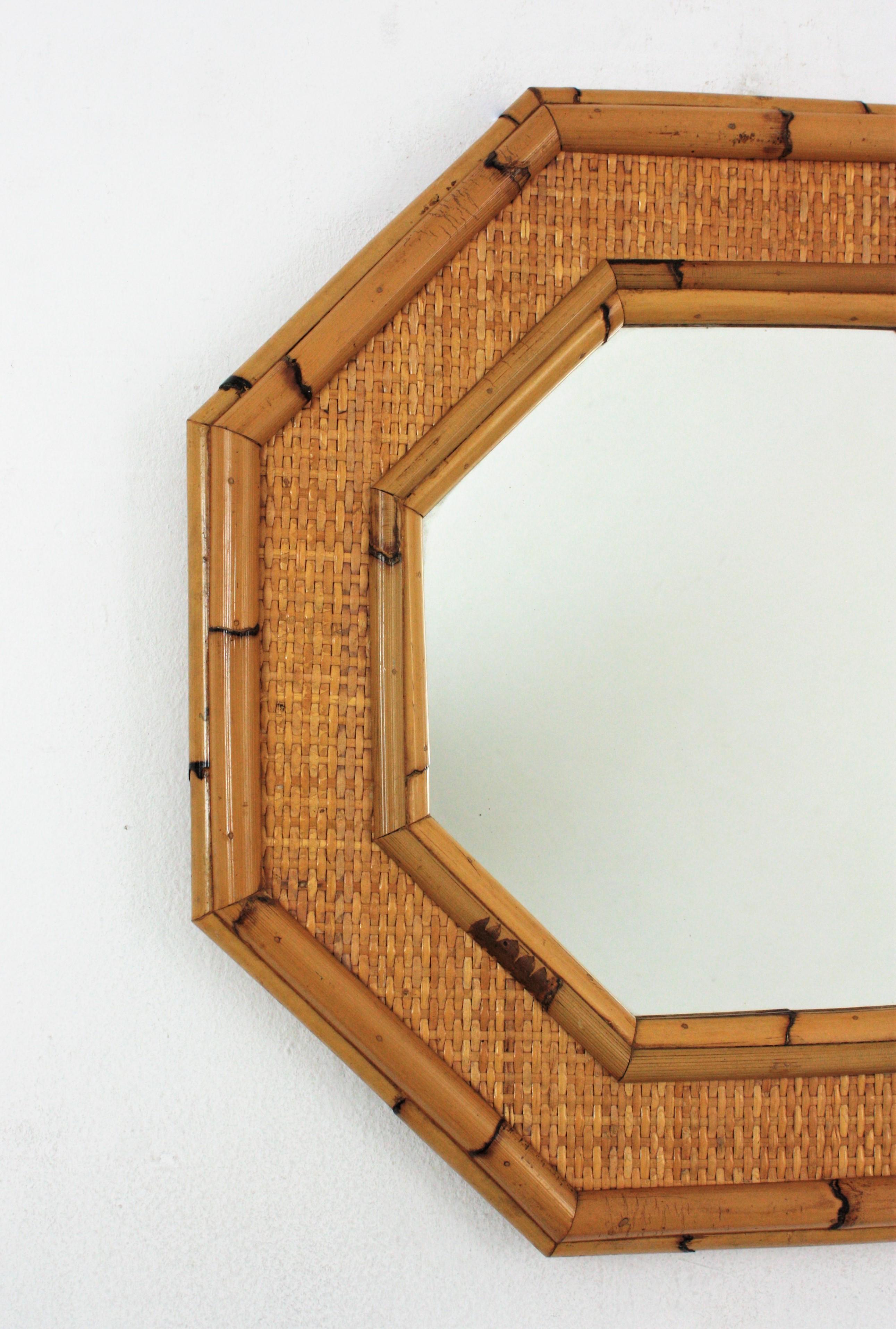 Mid-Century Modern Octagonal Wall Mirror in Bamboo and Woven Rattan, 1970s For Sale