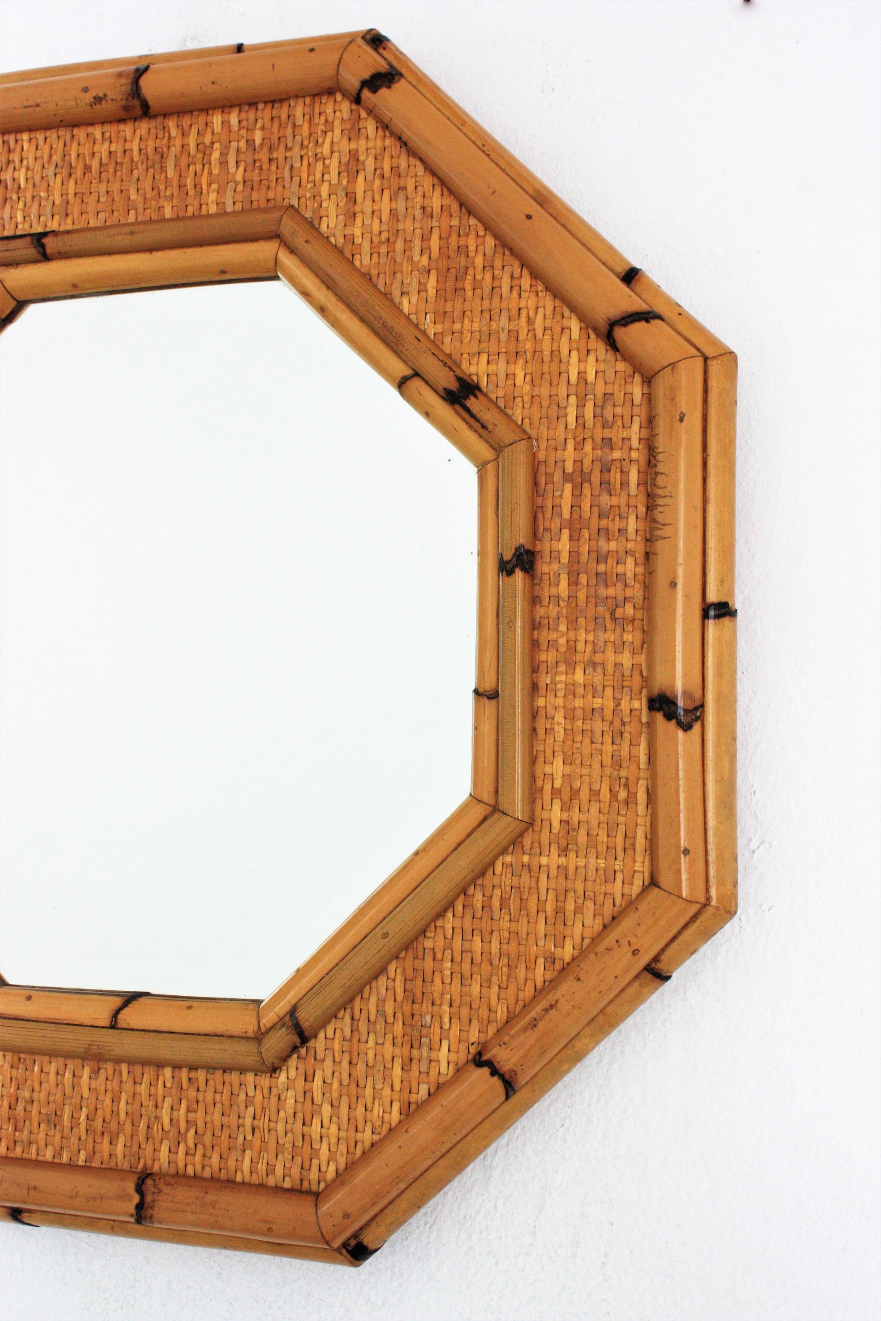 Italian Octagonal Wall Mirror in Bamboo and Woven Rattan, 1970s For Sale