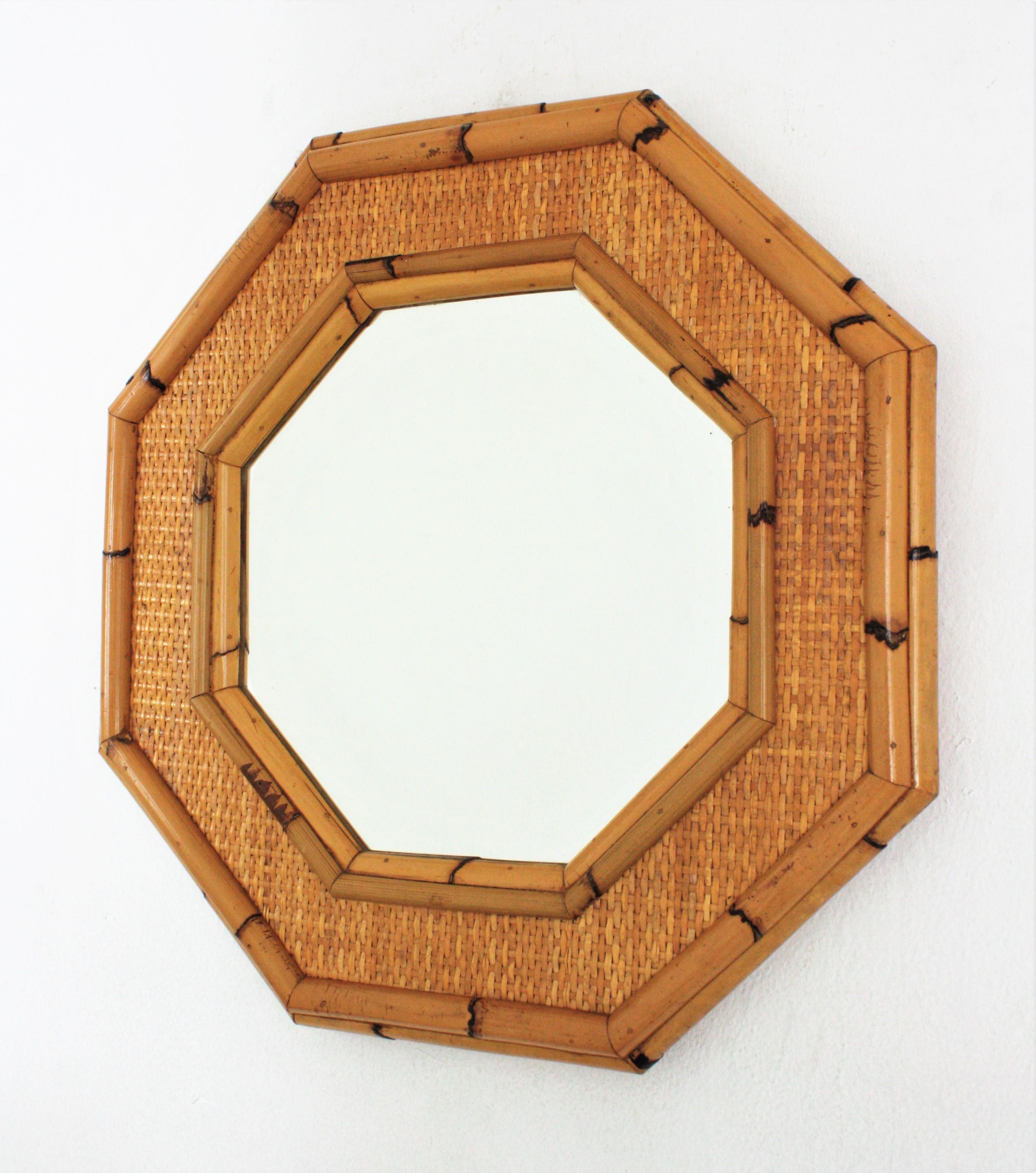Hand-Crafted Octagonal Wall Mirror in Bamboo and Woven Rattan, 1970s For Sale