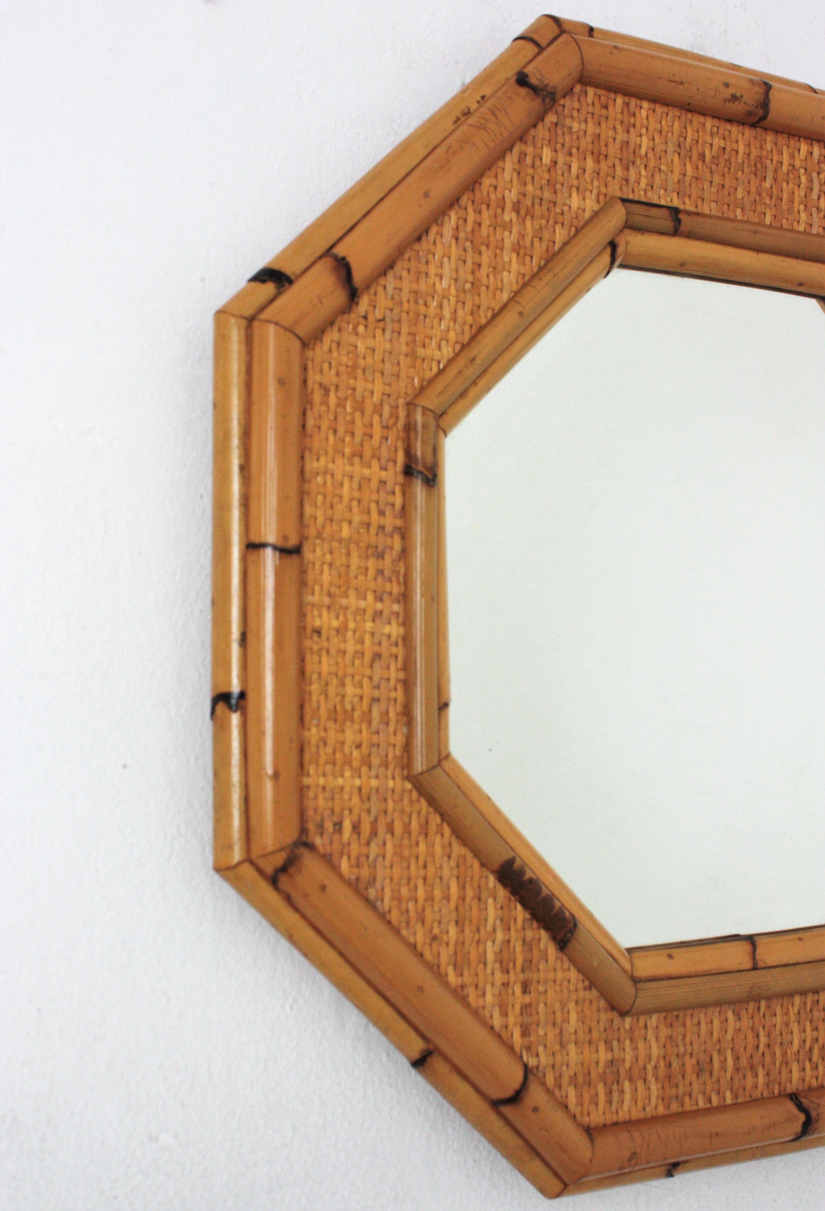 20th Century Octagonal Wall Mirror in Bamboo and Woven Rattan, 1970s For Sale