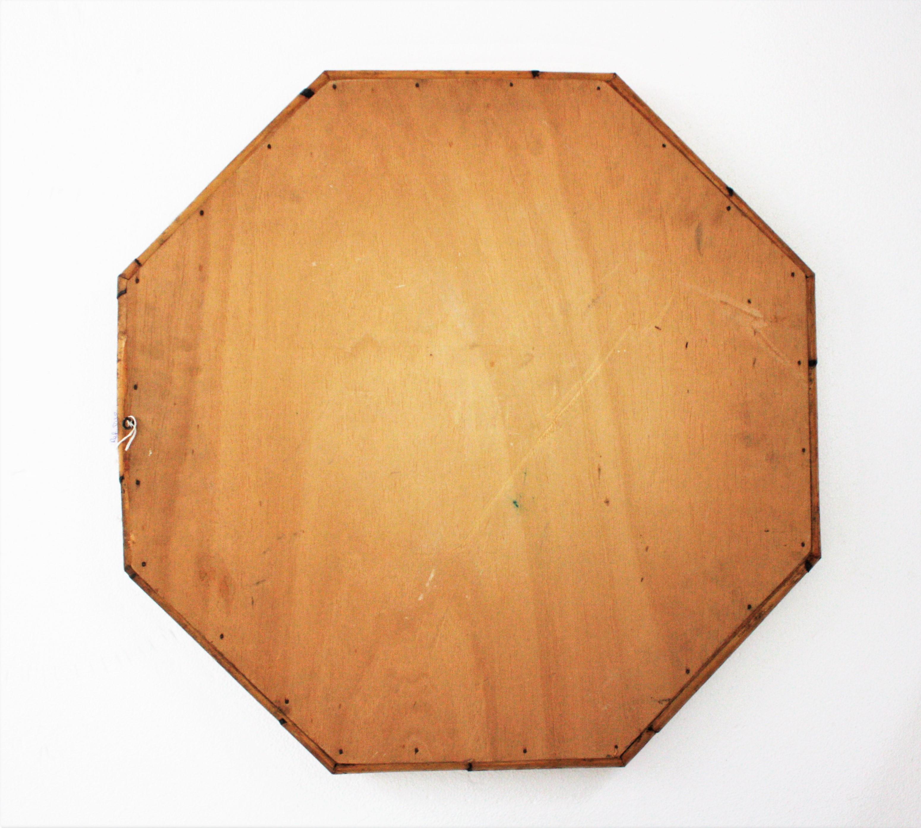 Wicker Octagonal Wall Mirror in Bamboo and Woven Rattan, 1970s For Sale