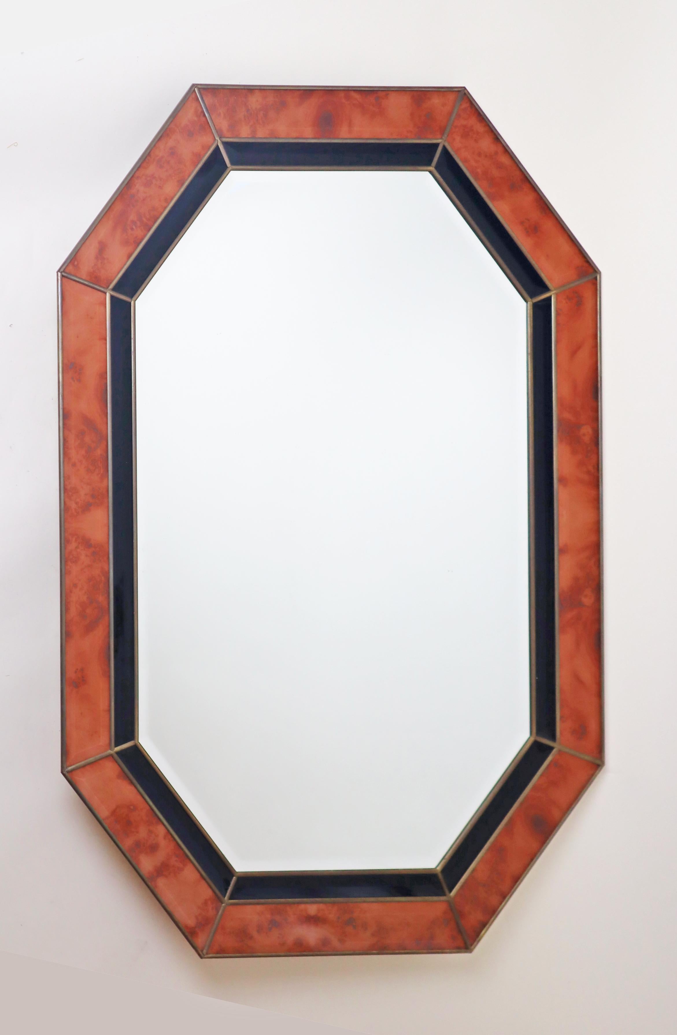 Octagonal Wall Mirror in Burl Wood Look in the Style of Jean Claude Mahey en vente 2