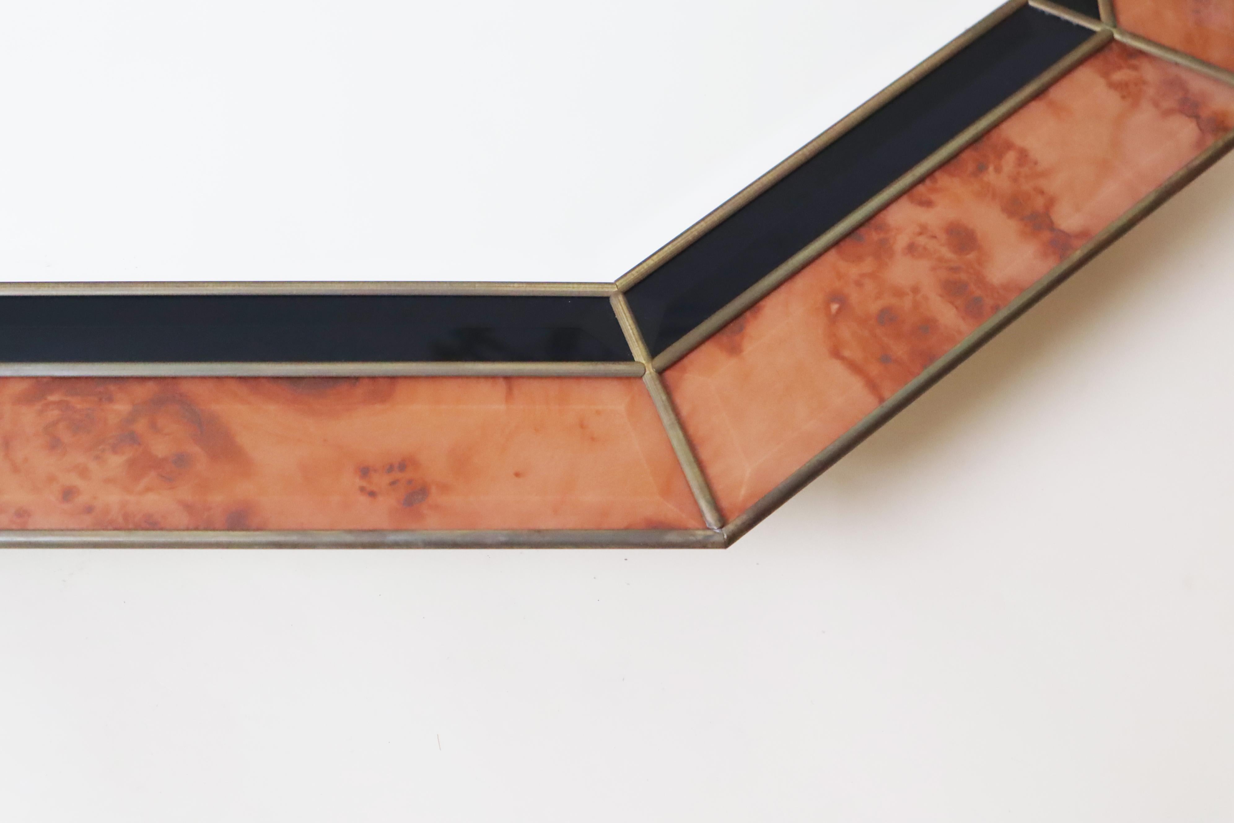 Octagonal Wall Mirror in Burl Wood Look in the Style of Jean Claude Mahey en vente 3