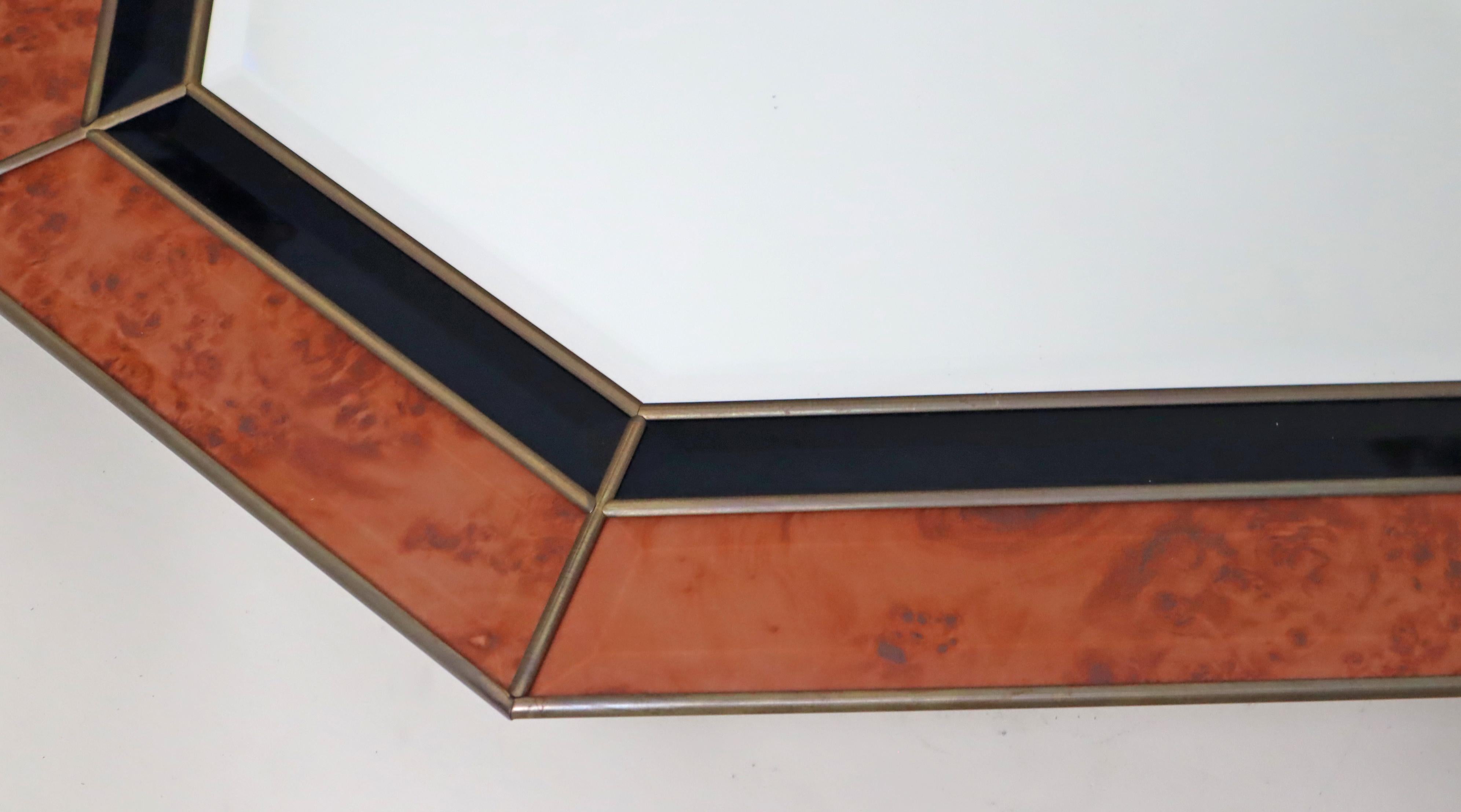 Octagonal Wall Mirror in Burl Wood Look in the Style of Jean Claude Mahey en vente 4