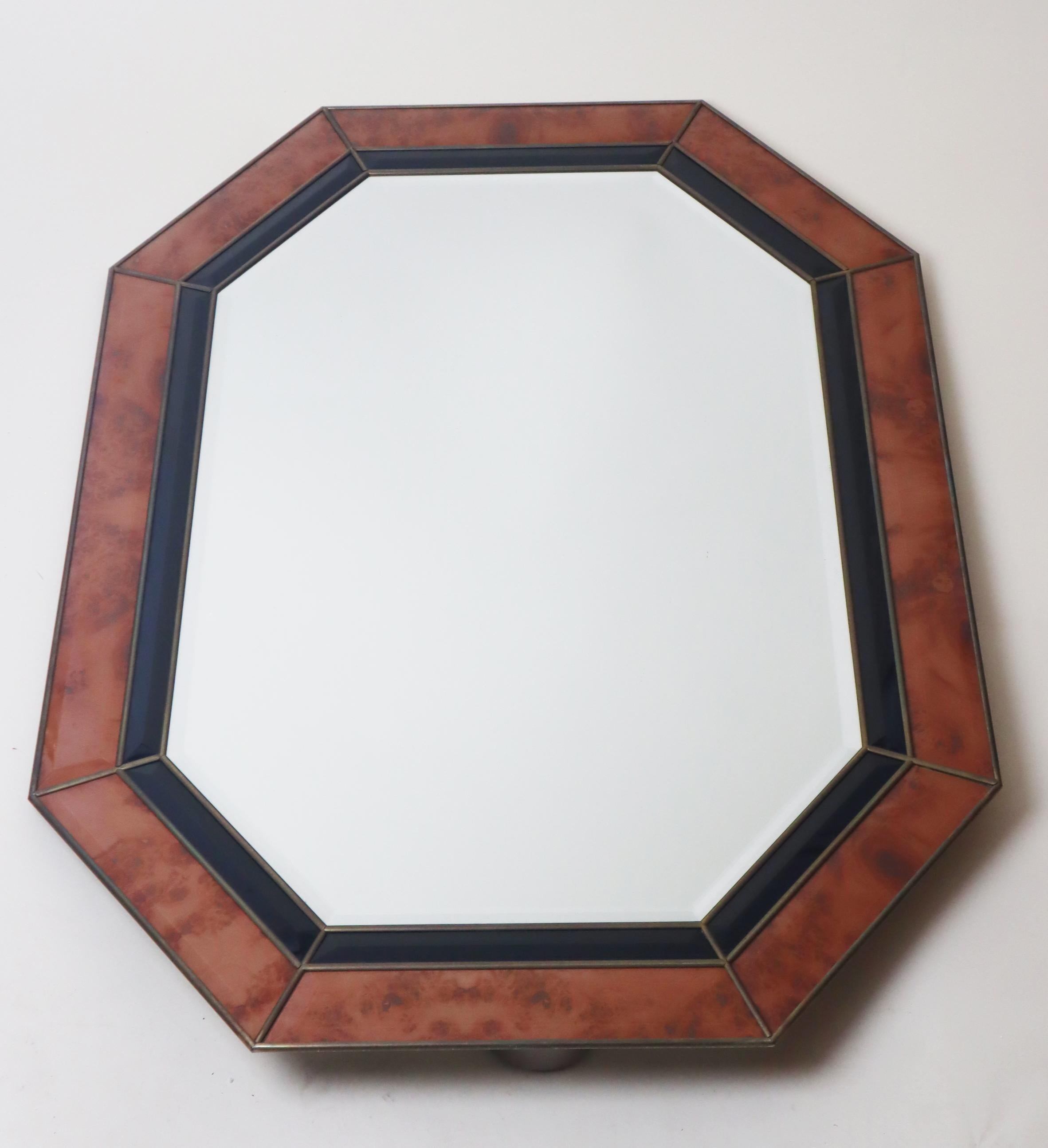 Allemand Octagonal Wall Mirror in Burl Wood Look in the Style of Jean Claude Mahey en vente