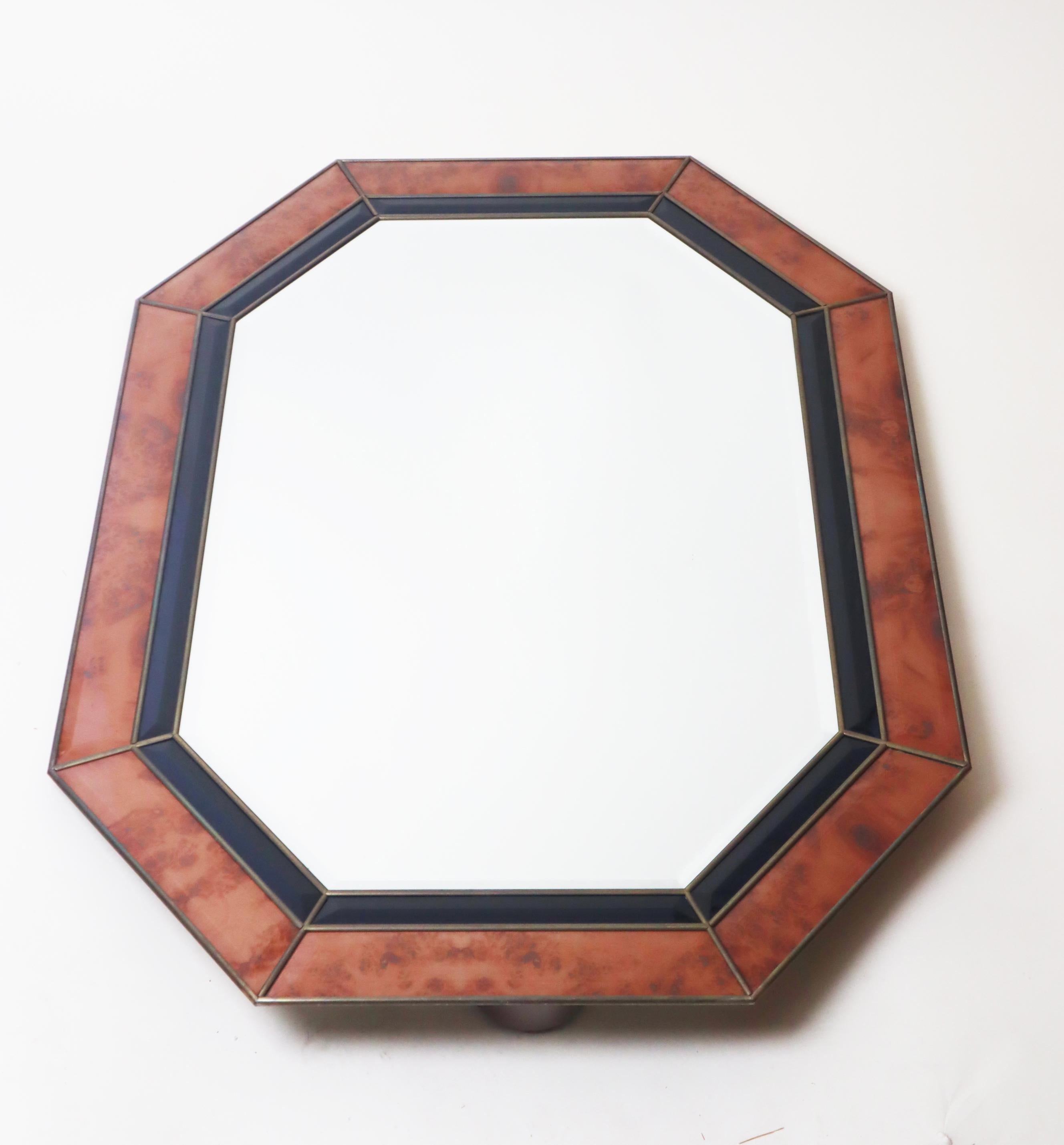 Fait main Octagonal Wall Mirror in Burl Wood Look in the Style of Jean Claude Mahey en vente