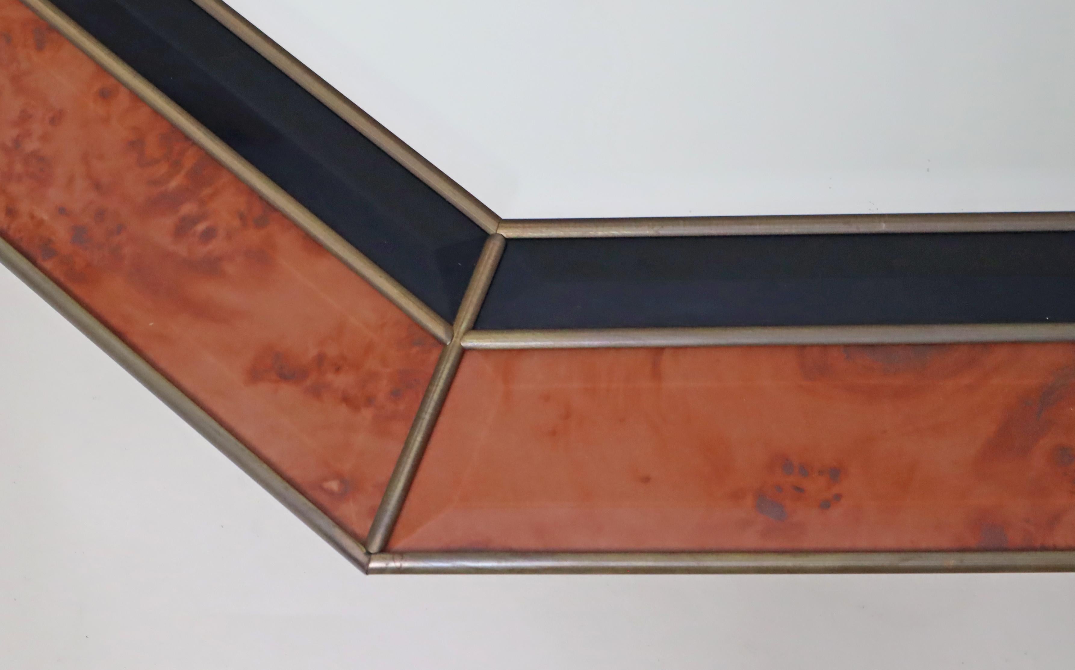 Laiton Octagonal Wall Mirror in Burl Wood Look in the Style of Jean Claude Mahey en vente