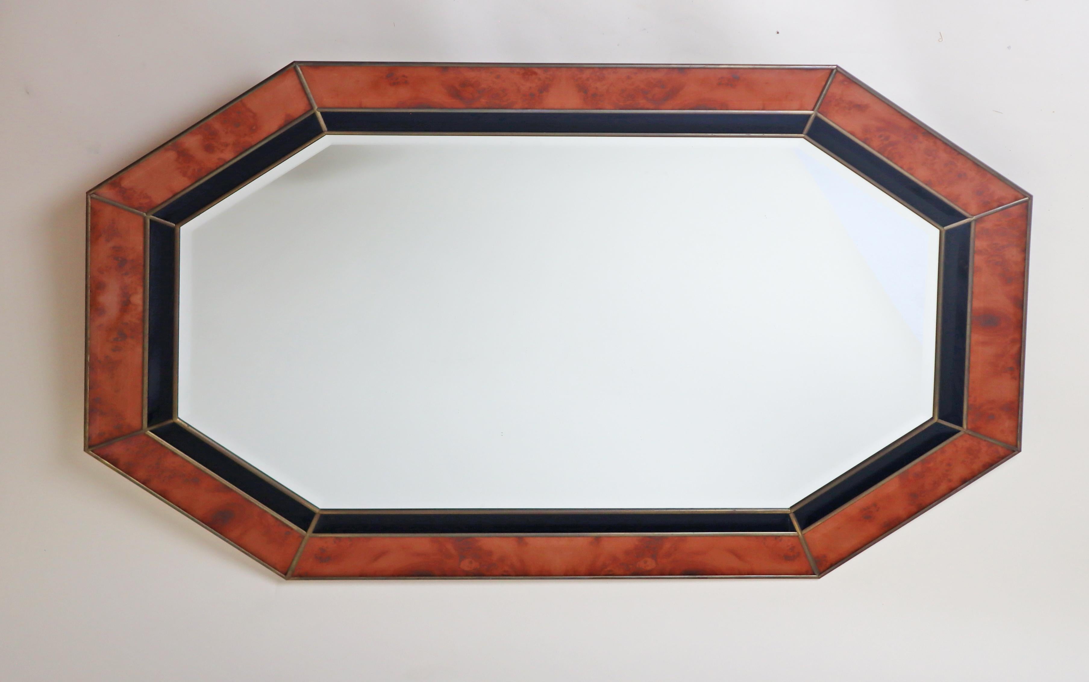 Octagonal Wall Mirror in Burl Wood Look in the Style of Jean Claude Mahey en vente 1
