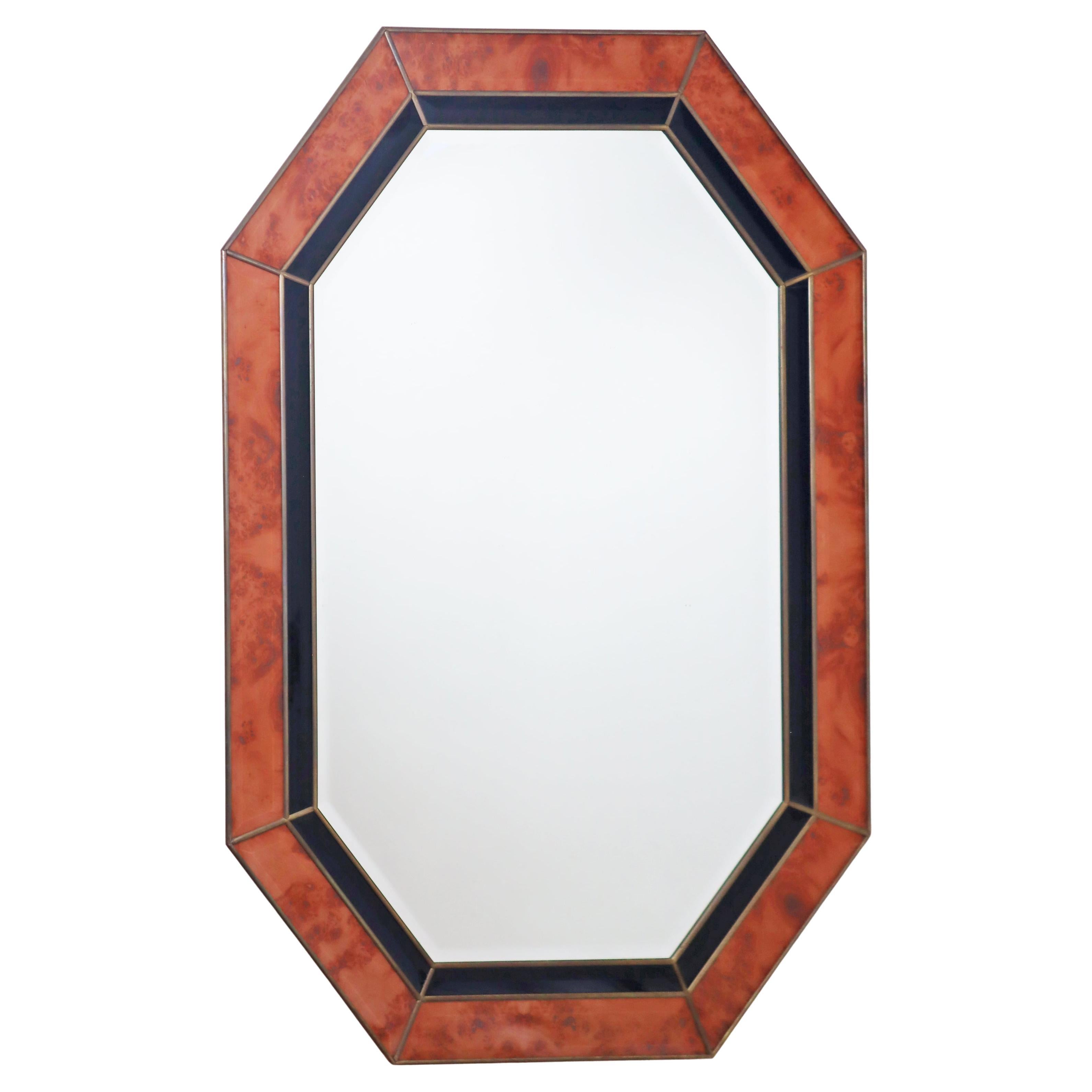 Octagonal Wall Mirror in Burl Wood Look in the Style of Jean Claude Mahey en vente