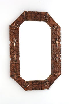 Octagonal Wall Mirror in Carved Wood and Fleur de Lys Details, Spanish Colonial