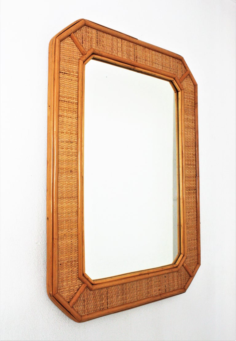 Octagonal Wall Mirror in Rattan and Woven Wicker For Sale at 1stDibs