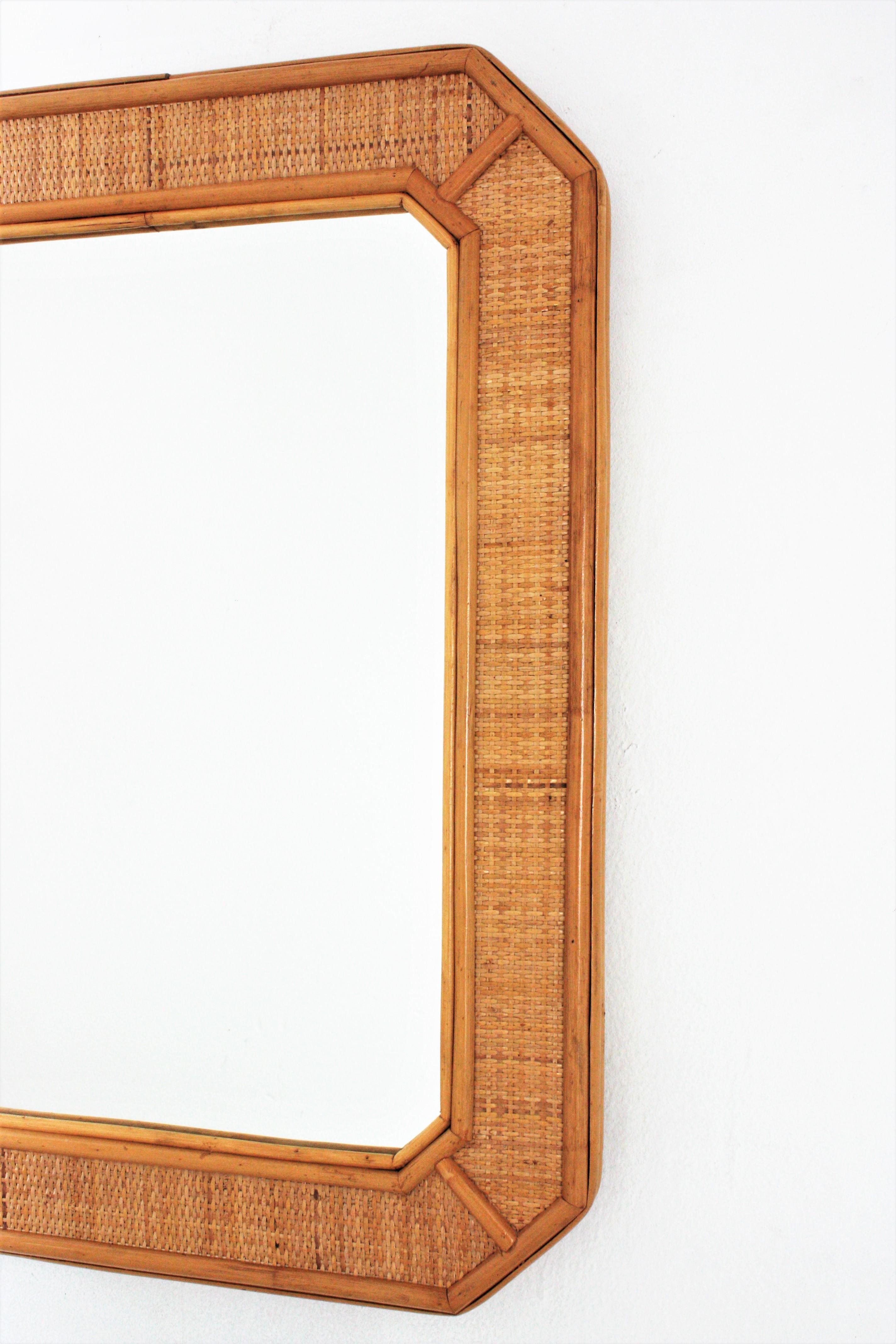 Italian Octagonal Wall Mirror in Rattan and Woven Wicker For Sale
