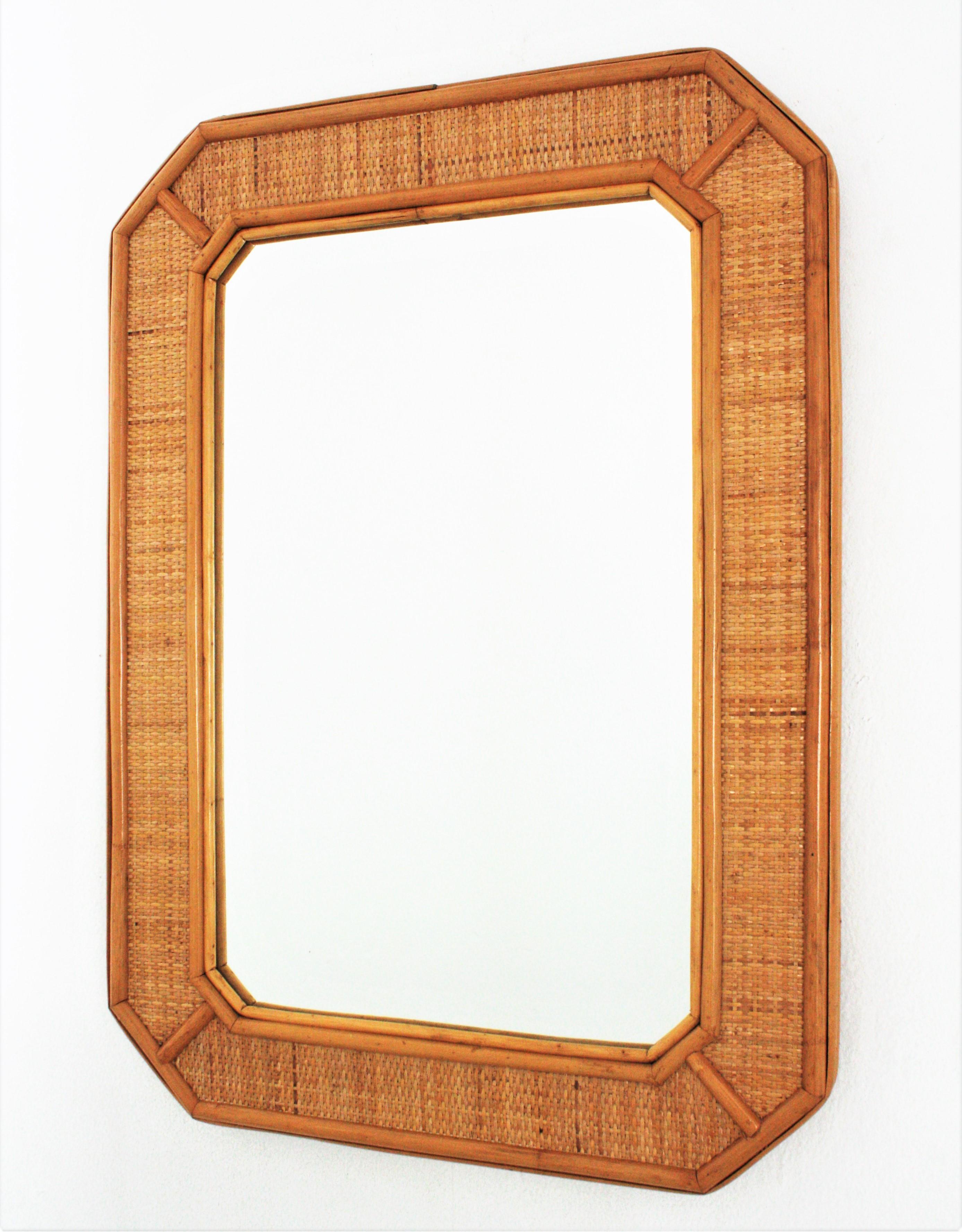 Hand-Crafted Octagonal Wall Mirror in Rattan and Woven Wicker For Sale