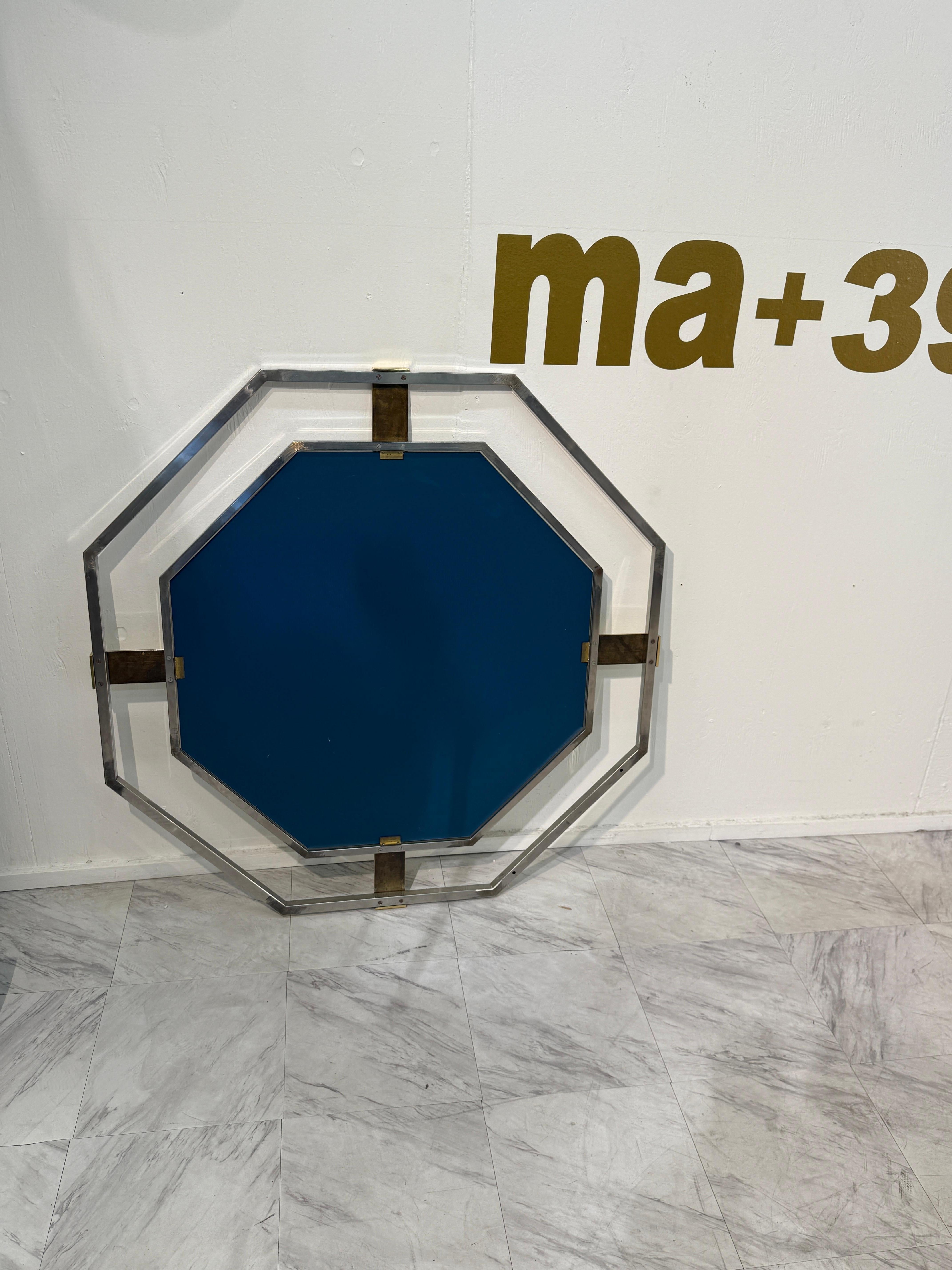Cromo Specchio da parete ottagonale con cromo e ottone , Italia anni '70 in vendita