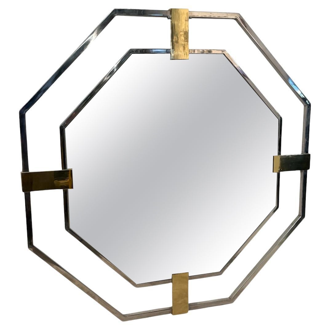 Octagonal Wall Mirror with Chrome and Brass , Italy 1970s