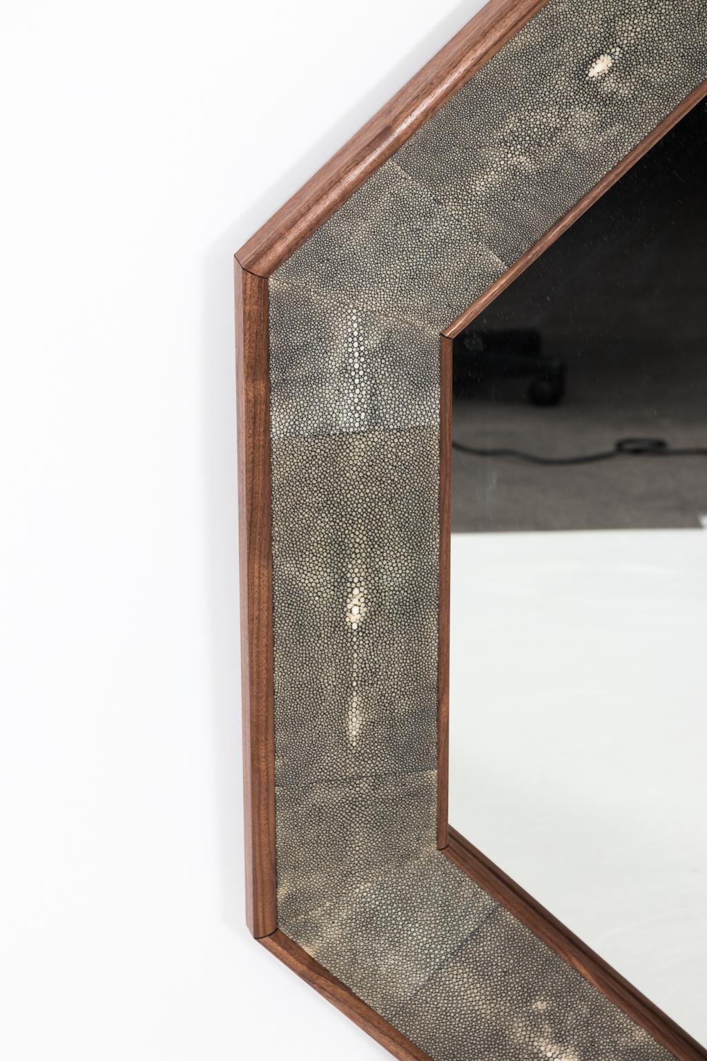 Handcrafted octagonal walnut mirror with Shagreen in the Art Deco style, circa 20th century.