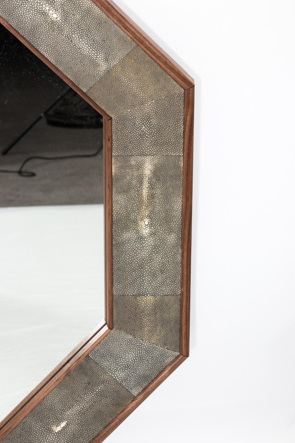Octagonal Walnut and Shagreen Mirror In Good Condition In Stamford, CT