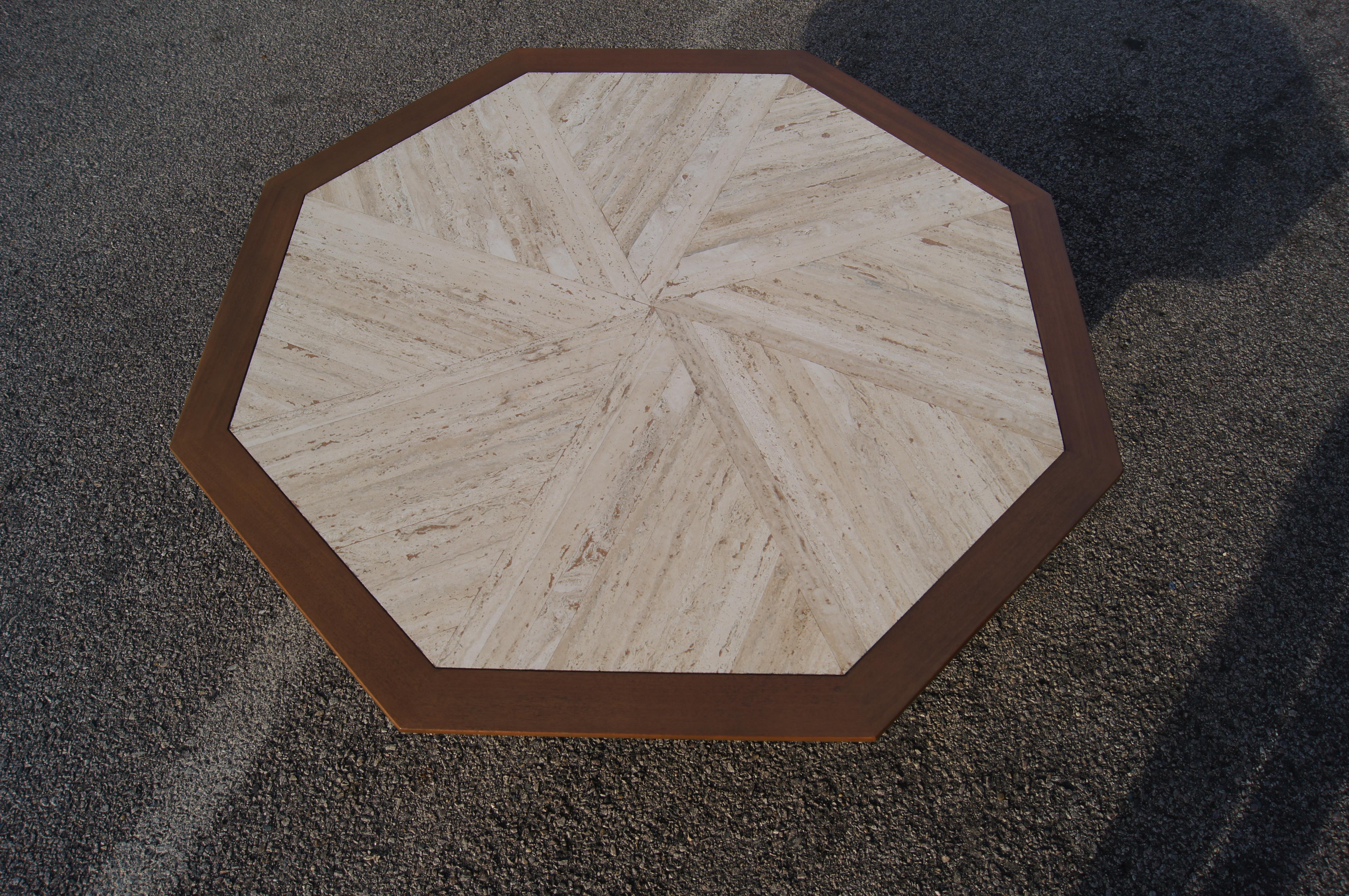 Mid-20th Century Octagonal Walnut and Travertine Coffee Table by Harvey Probber
