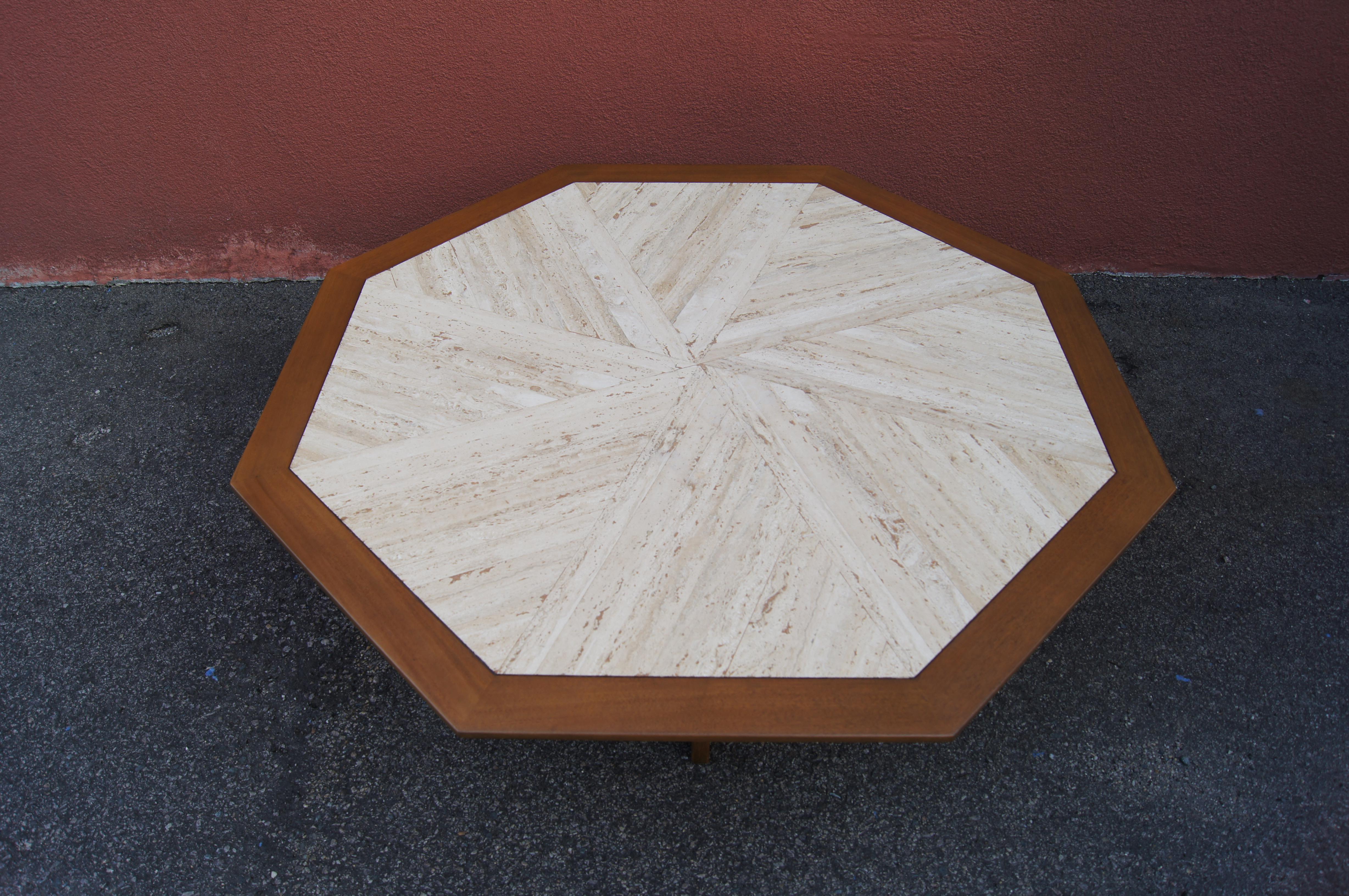 Octagonal Walnut and Travertine Coffee Table by Harvey Probber 1