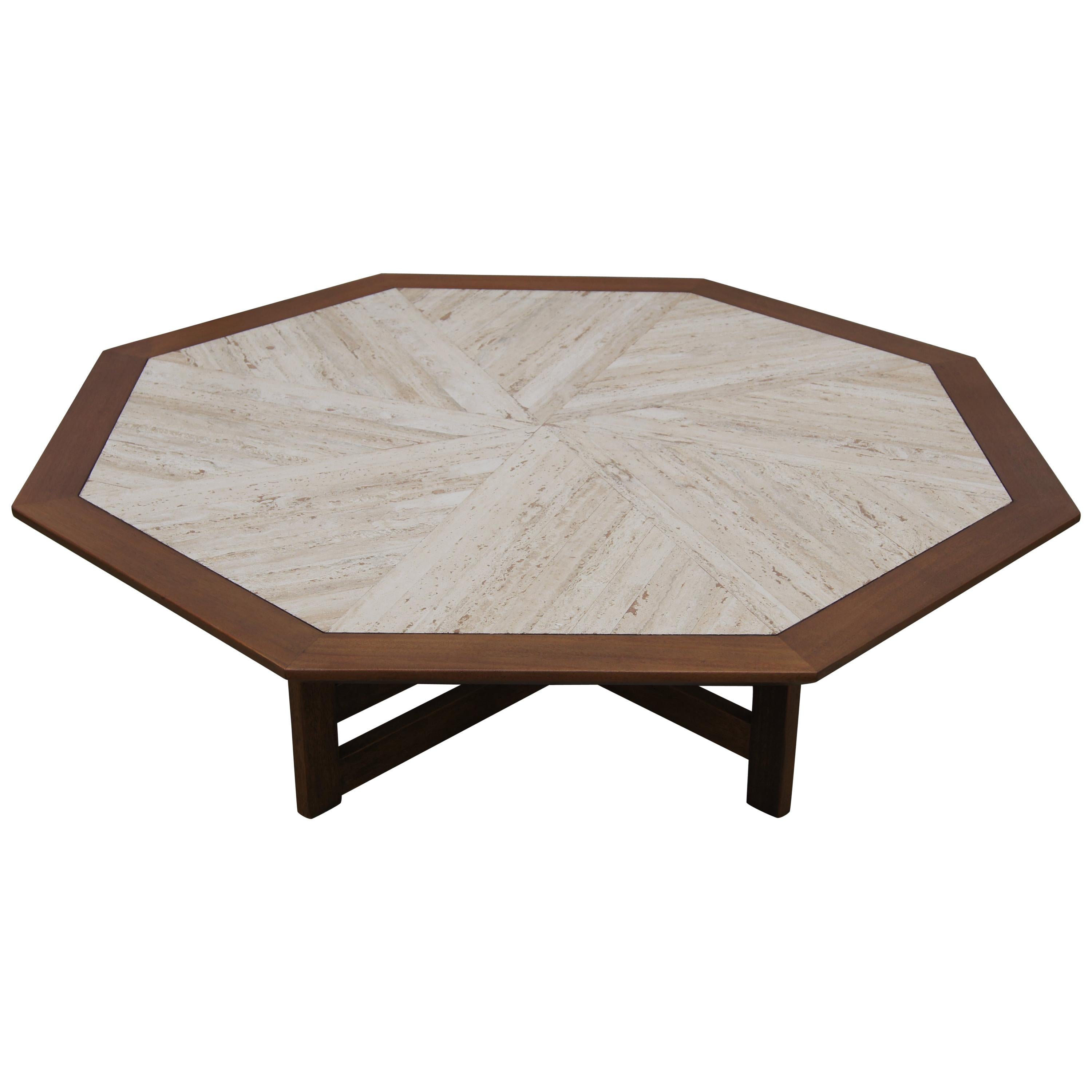 Octagonal Walnut and Travertine Coffee Table by Harvey Probber