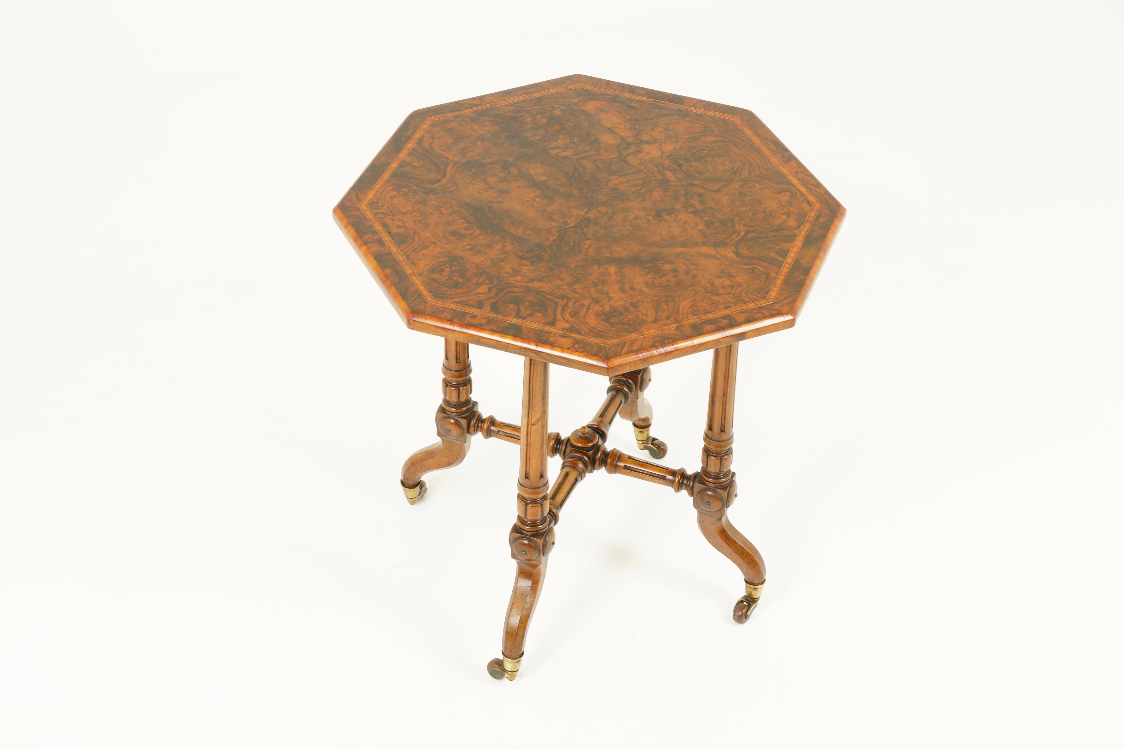 Antique Octagonal Table, Burr Walnut Table, Victorian, Scotland 1880, B1782

Scotland 1880
Solid walnut and veneers
inlaid octagonal top
wonderful burr walnut veneer
moulded edges below
raised on four turned shaped legs
connected by turned