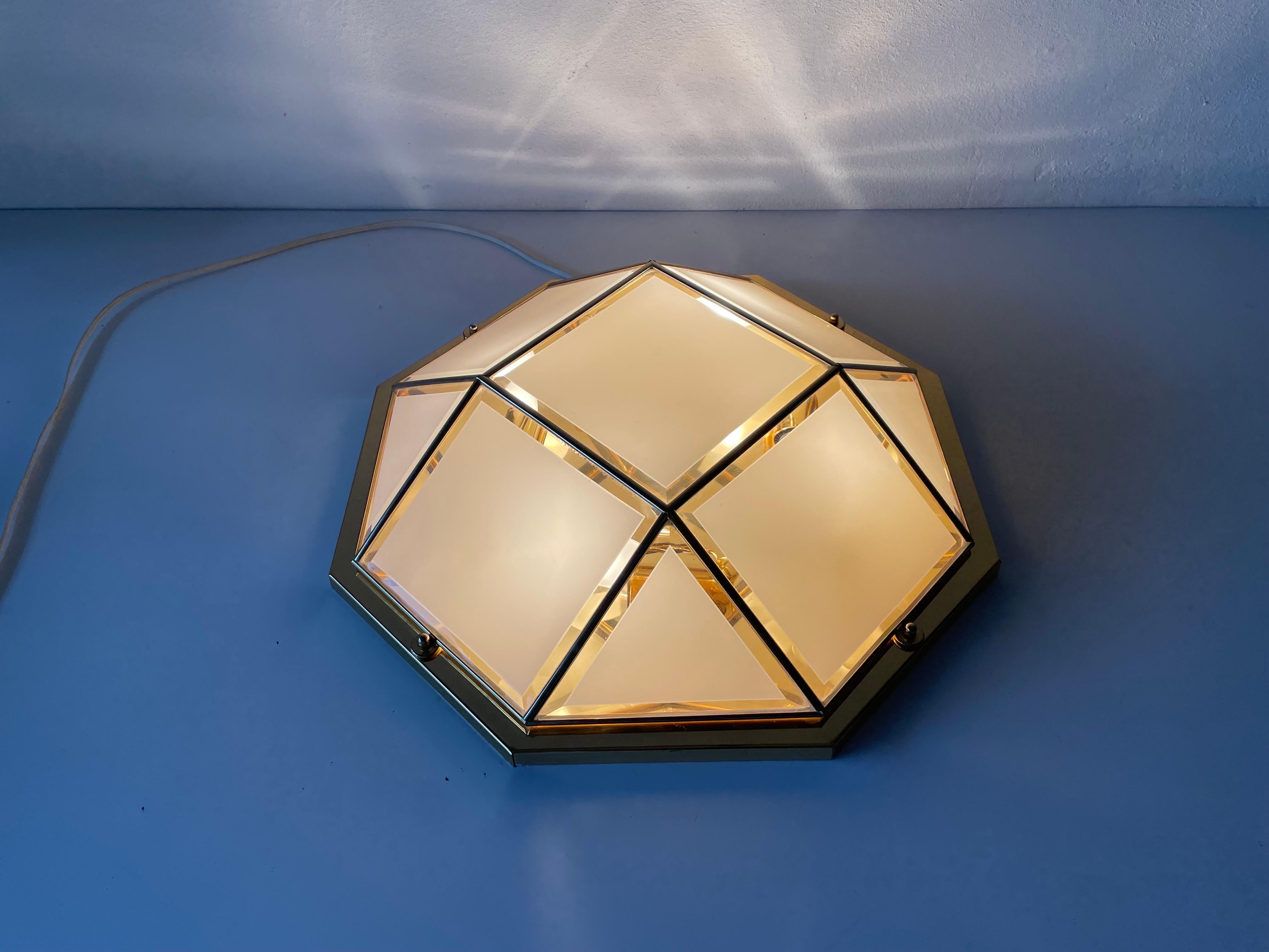Octagonal White Glass Gold Metal Ceiling Lamp by Star Leuchten, 1980s, Germany For Sale 5