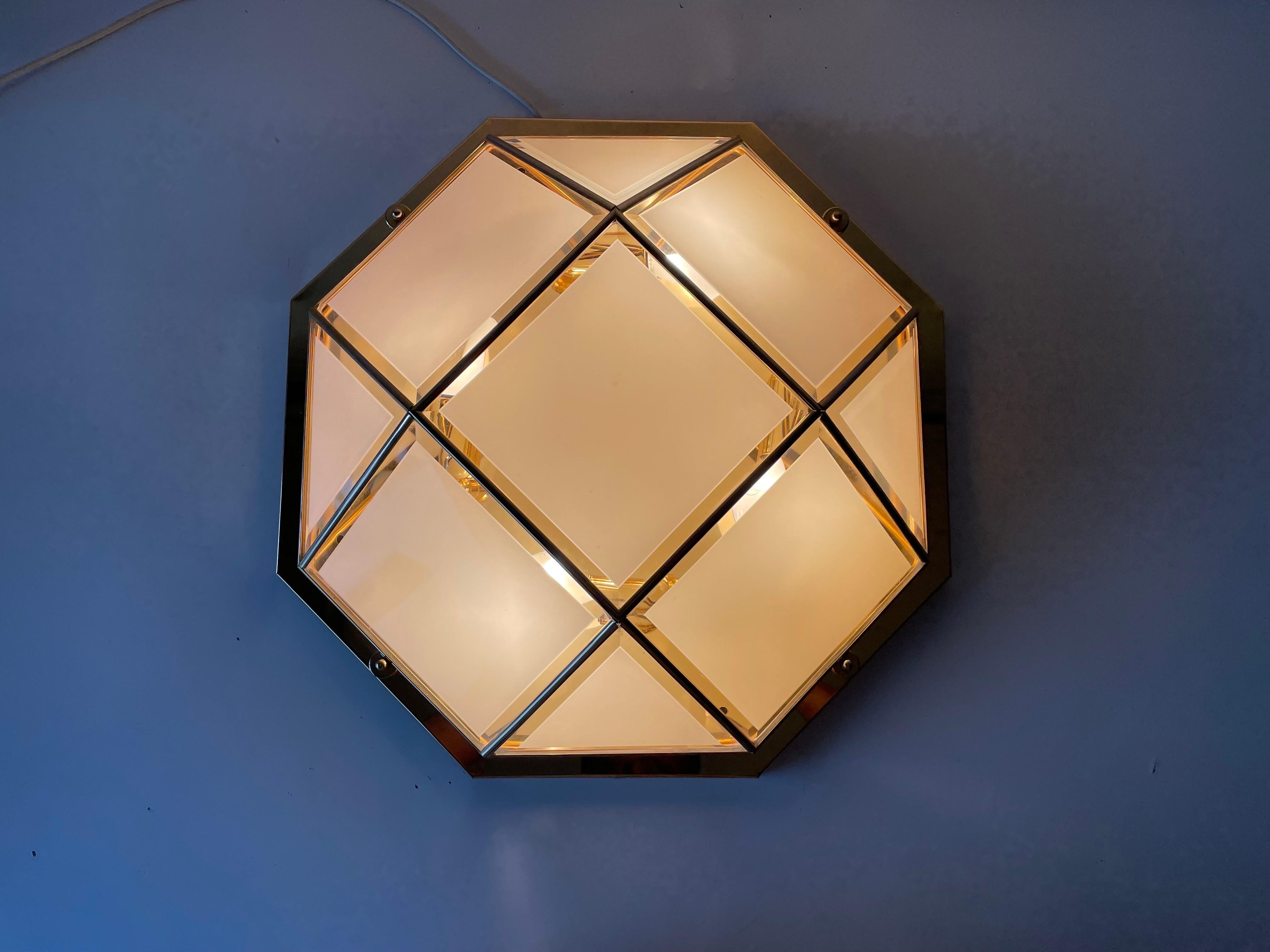 Octagonal White Glass Gold Metal Ceiling Lamp by Star Leuchten, 1980s, Germany For Sale 6
