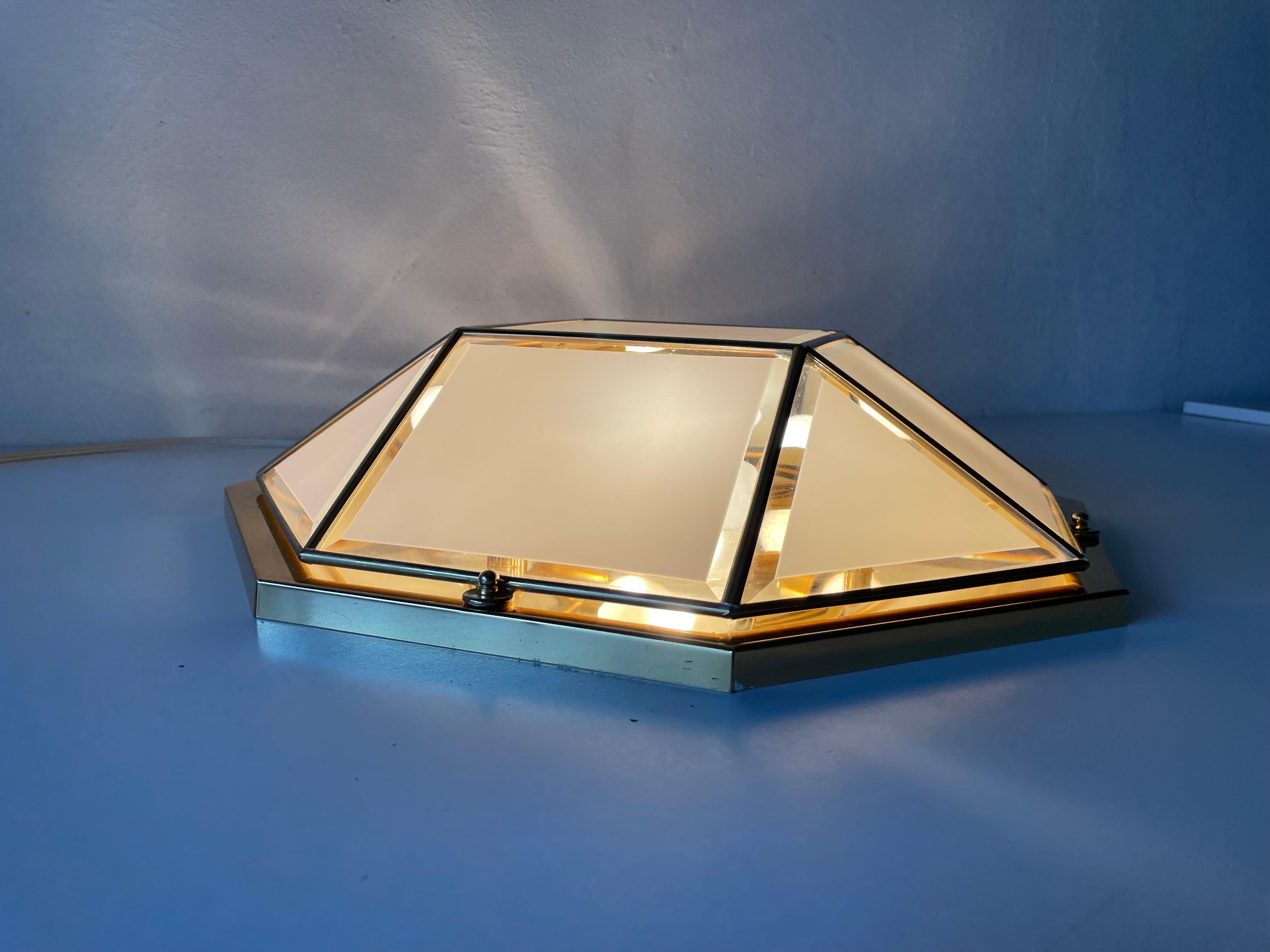 Octagonal White Glass Gold Metal Ceiling Lamp by Star Leuchten, 1980s, Germany For Sale 7